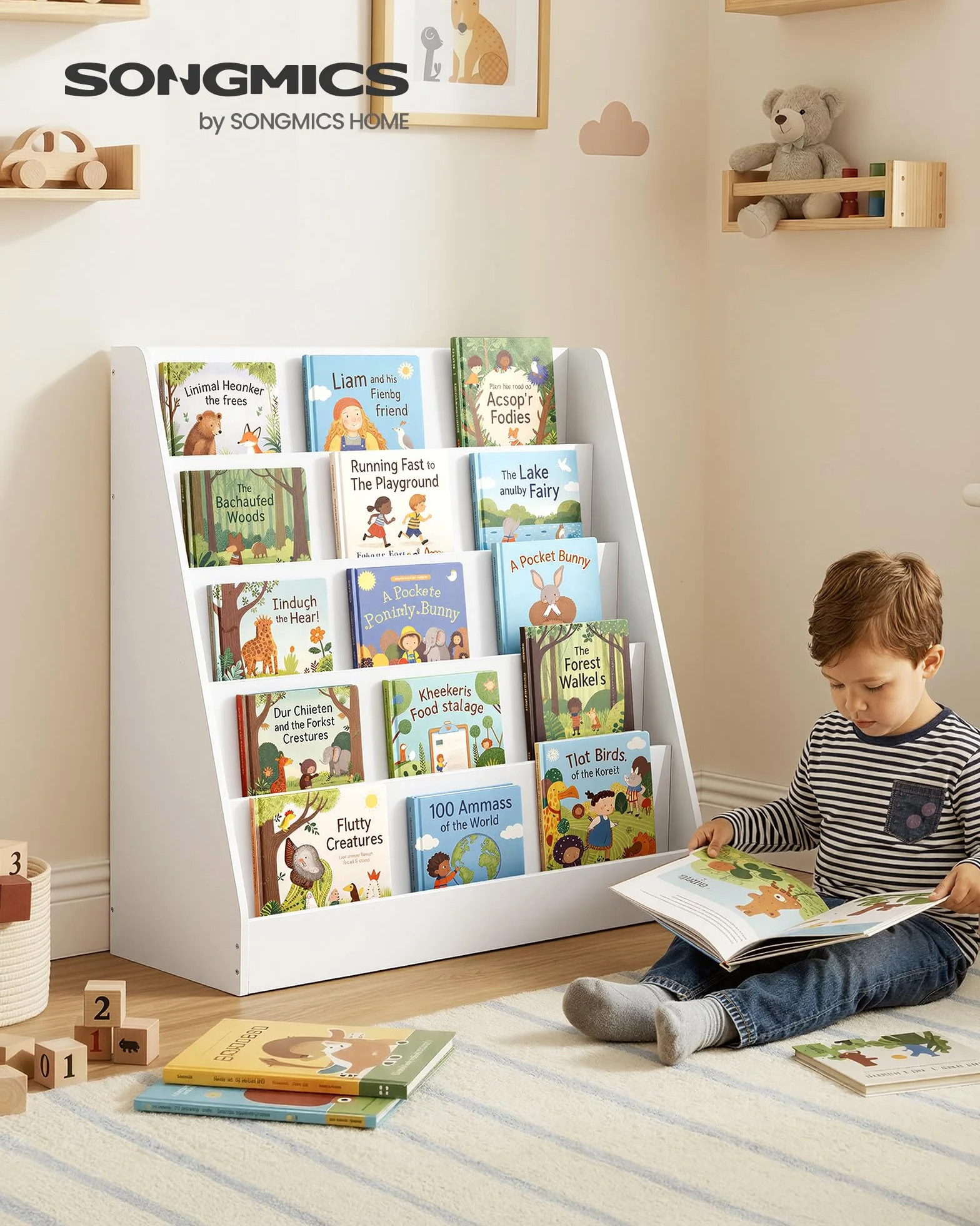 SONGMICS Estantería Infantil Montessori 5 Niveles, Soporte para Libros Ilustrados, 30x80x80 cm, Blanco Nube