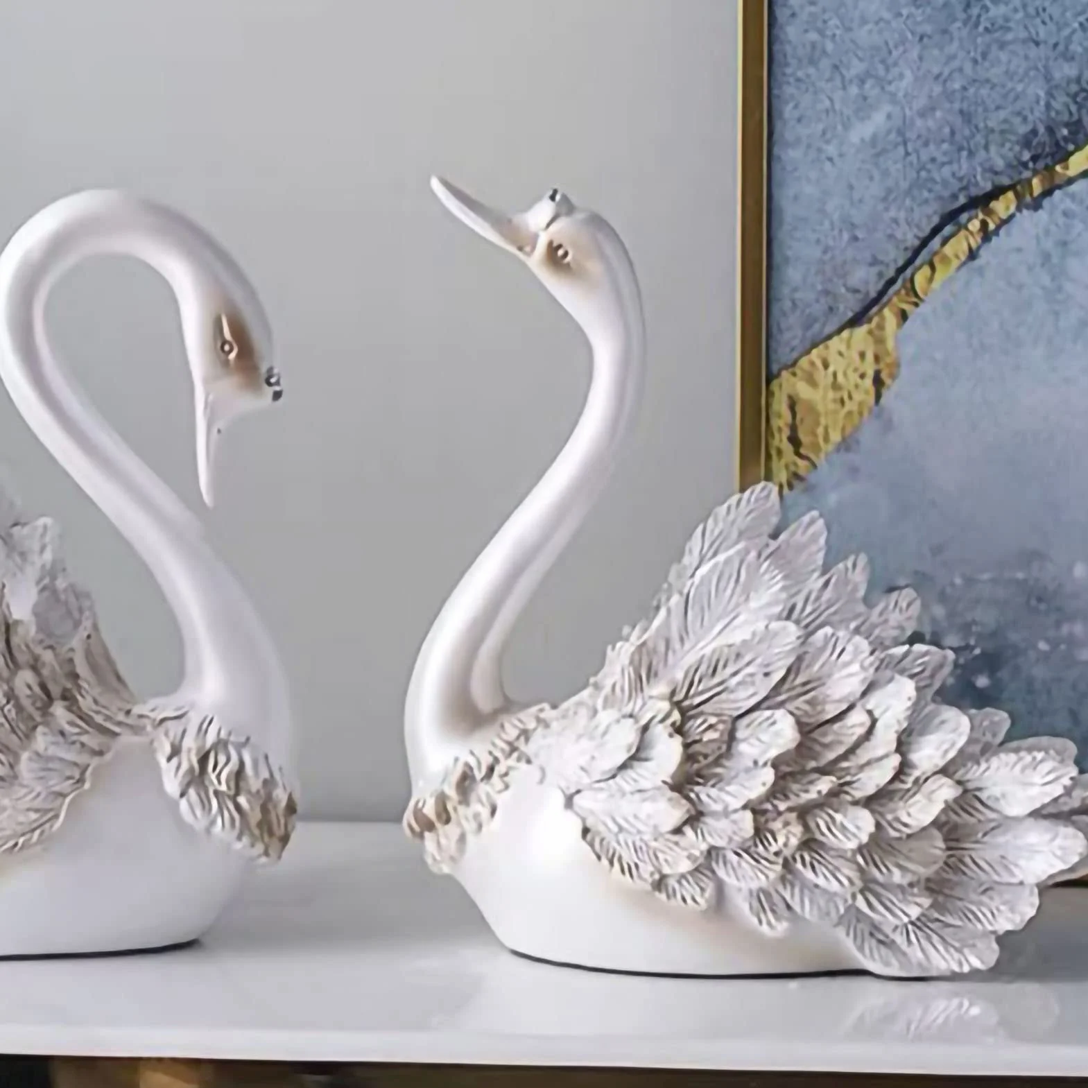 Fdit Conjunto Moderno de Adornos de Cisne para Decoración del Hogar, Regalos de Boda, Sala de Estar, Mueble de TV, Elegante Resina Sintética, 9,1x5,5x8,3 Pulgadas (Perla Blanca)