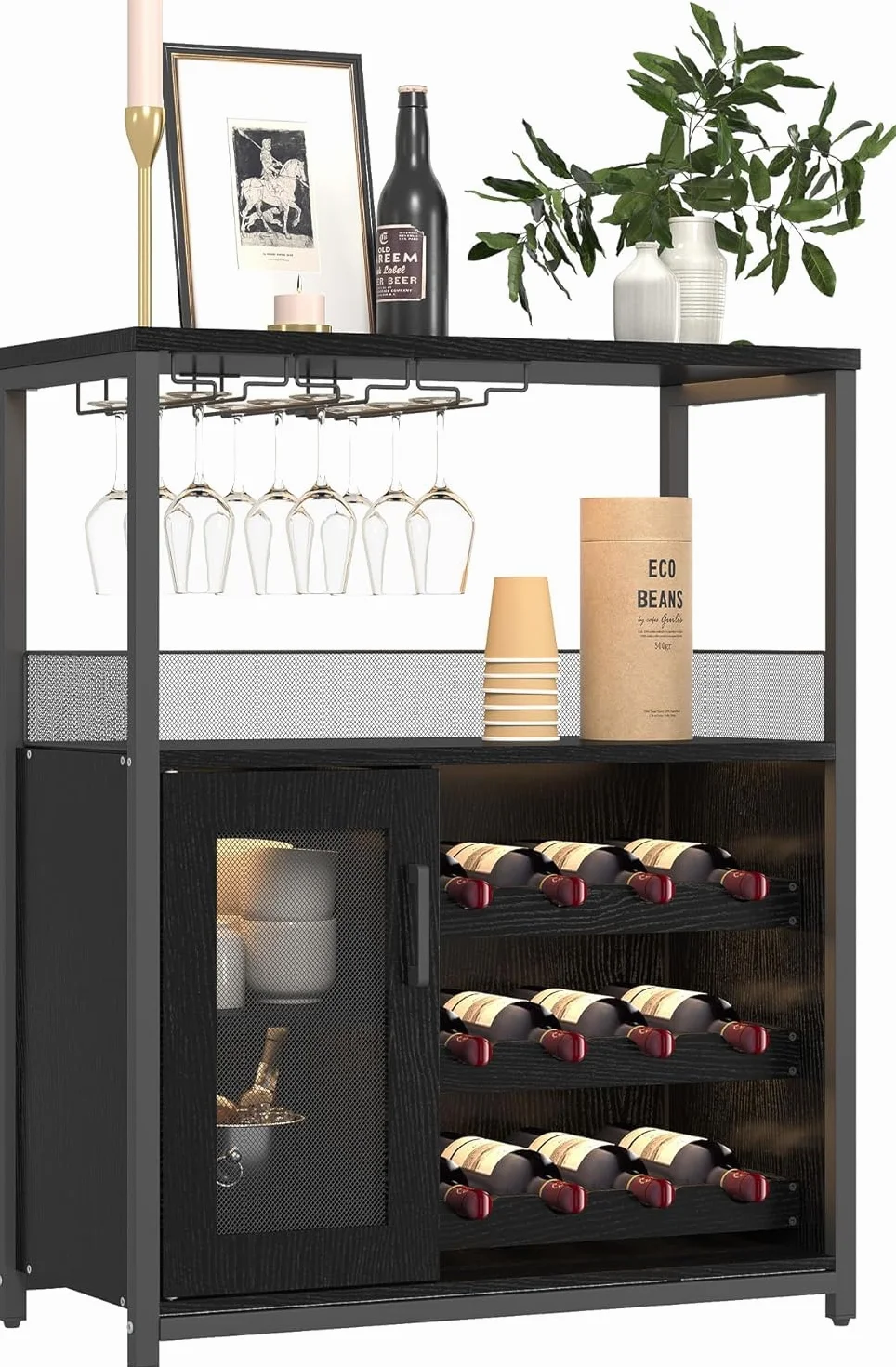 Garvee Botellero Industrial con Estante Ajustable para Vino y Soporte para Copas, Armario para Bebidas para Cocina, Comedor, Salón, 70x35x92 cm, Negro