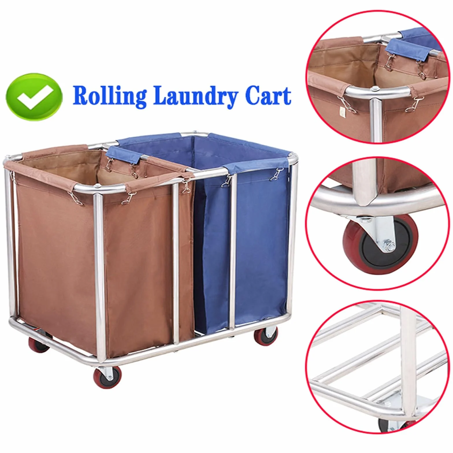 Carrito de Lavandería Comercial con Ruedas, Capacidad de 400 L, Clasificador de Ropa para 2 Bolsas, Estructura de Acero Inoxidable, Tela Oxford Impermeable