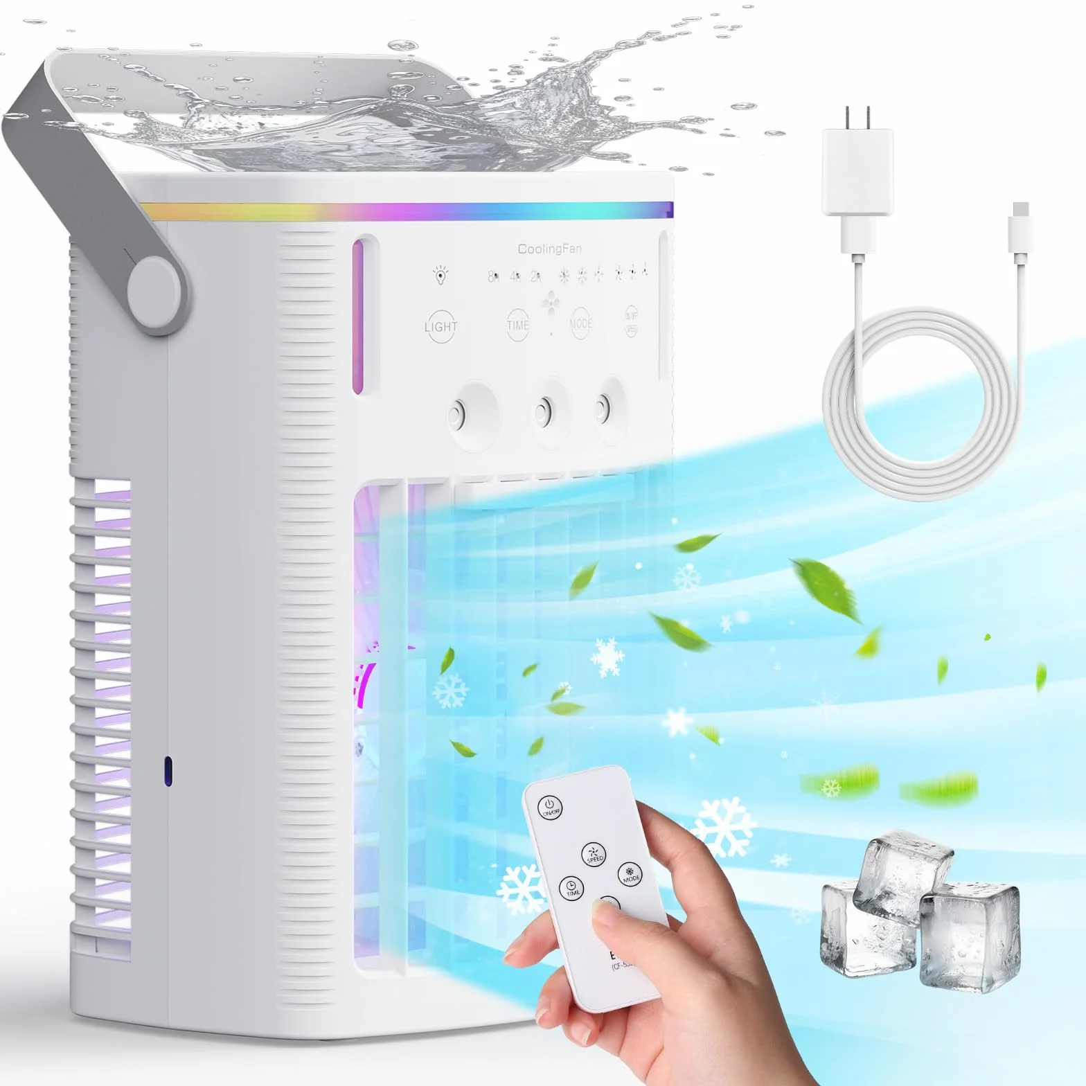 Mini aire acondicionado portátil: 1600 ml de agua, 3 velocidades de ventilador, refrigeración evaporativa, LED de 7 colores y temporizador (2/4/8 horas)