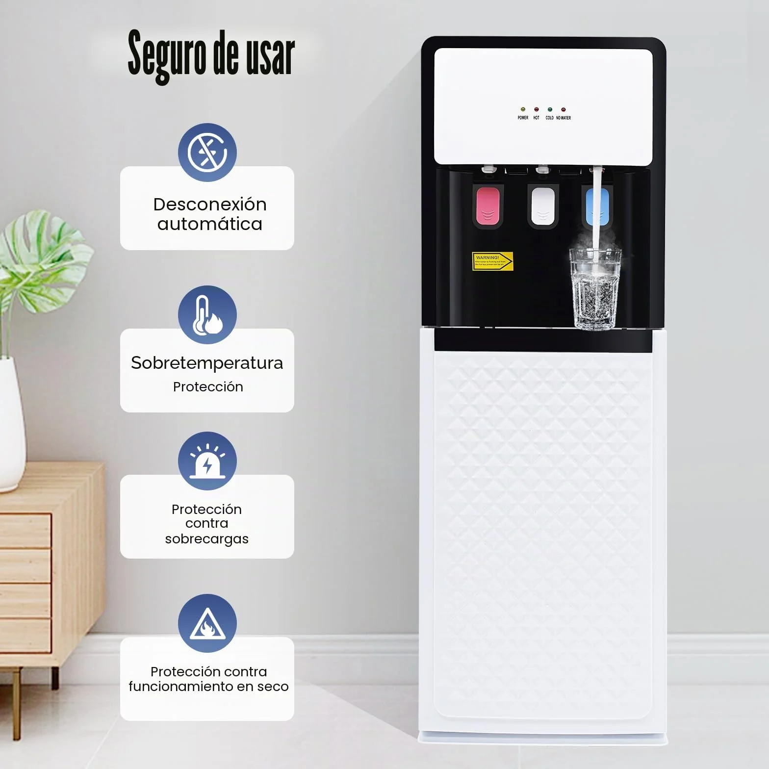 Dispensador de agua con carga inferior, dispositivo de pie con función de calefacción y refrigeración, 3 salidas separadas para agua caliente, fría y temperatura ambiente para el hogar y la oficina