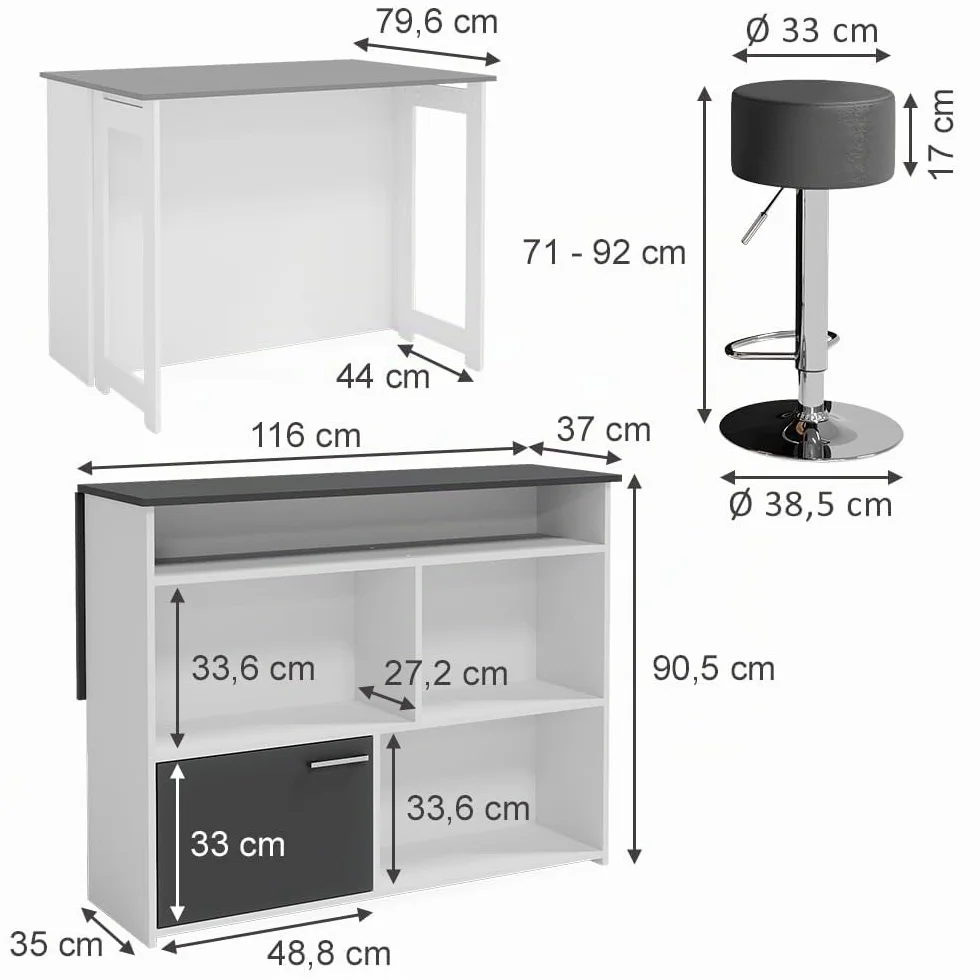 Vicco Set de Mesa de Bar Dominic, Antracita/Blanco, 116 x 37 cm, 2 Taburetes, Tablero Abatible