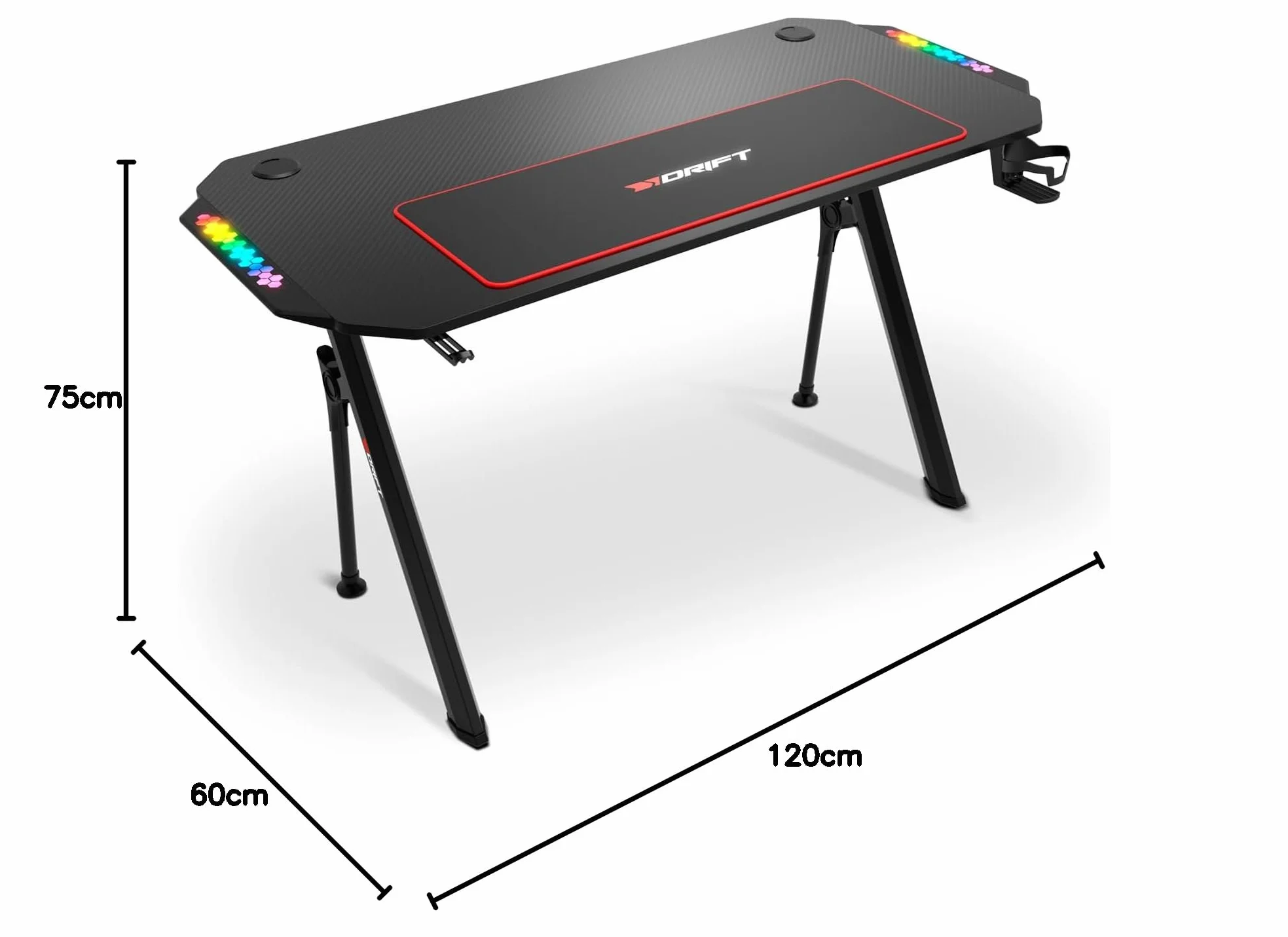 Drift Gaming DRDZ175RGB – Mesa Gaming con Tablero de Fibra de Carbono, Laterales RGB reactivos al Sonido, Alfombrilla XL, Soporte para Bebidas y Auriculares, Color Negro