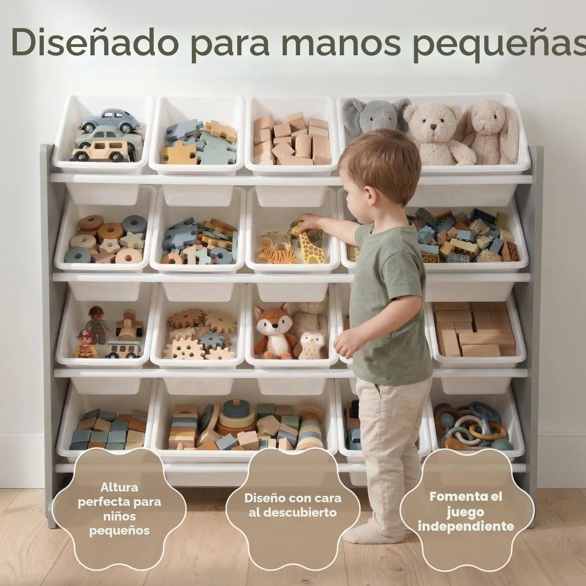 Humble Crew estantería Infantil Gris/Blanco: 16 Cajas Almacenamiento, Madera, Organiza Juguetes, Segura, Moderna, fácil Montaje