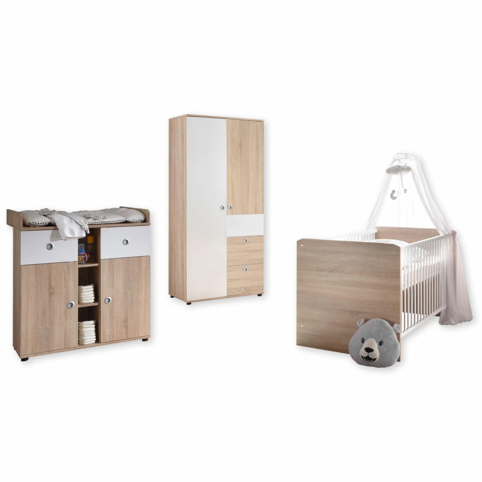 Stella Trading Wiki-Juego Completo de Muebles para habitación de bebé (3 Piezas, Incluye Armario, Cuna y Cambiador), Color, Material de Madera, Roble Sonoma/Blanco, Komplett-Set 2