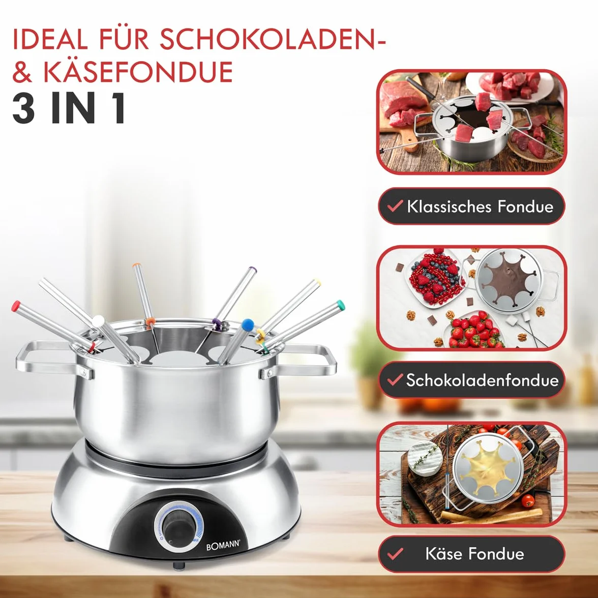 Bomann FD 2248 CB - Fondue eléctrica, 6 comensales, Recipiente 1,2 l, 1400 W