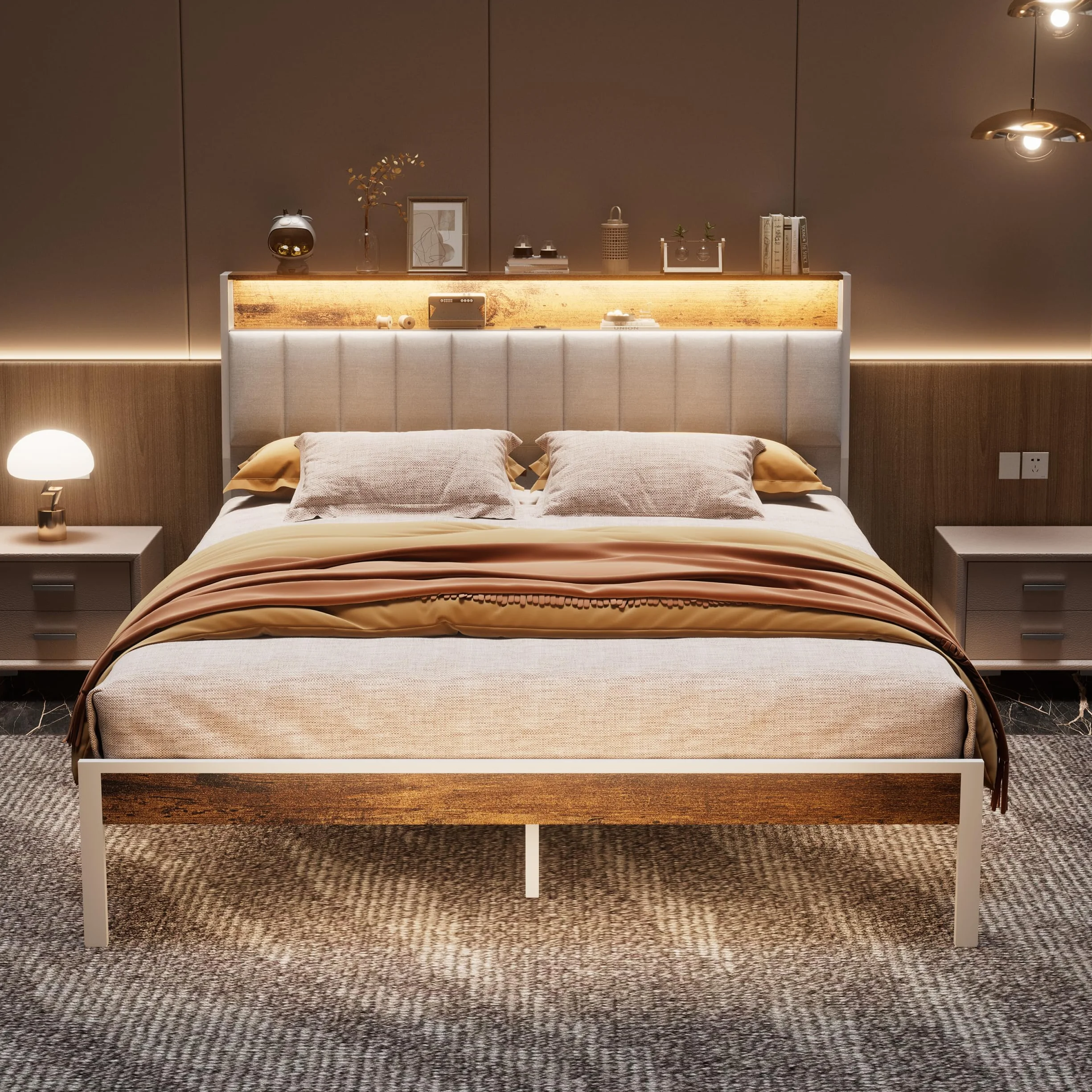 DEWINNER Estructura De Cama 140x190 con Iluminación LED, Cama Doble con Cabecero con Espacio De Almacenamiento, con Múltiples Enchufes (1 Toma De CA, 2 Puertos USB), Estructura Robusta