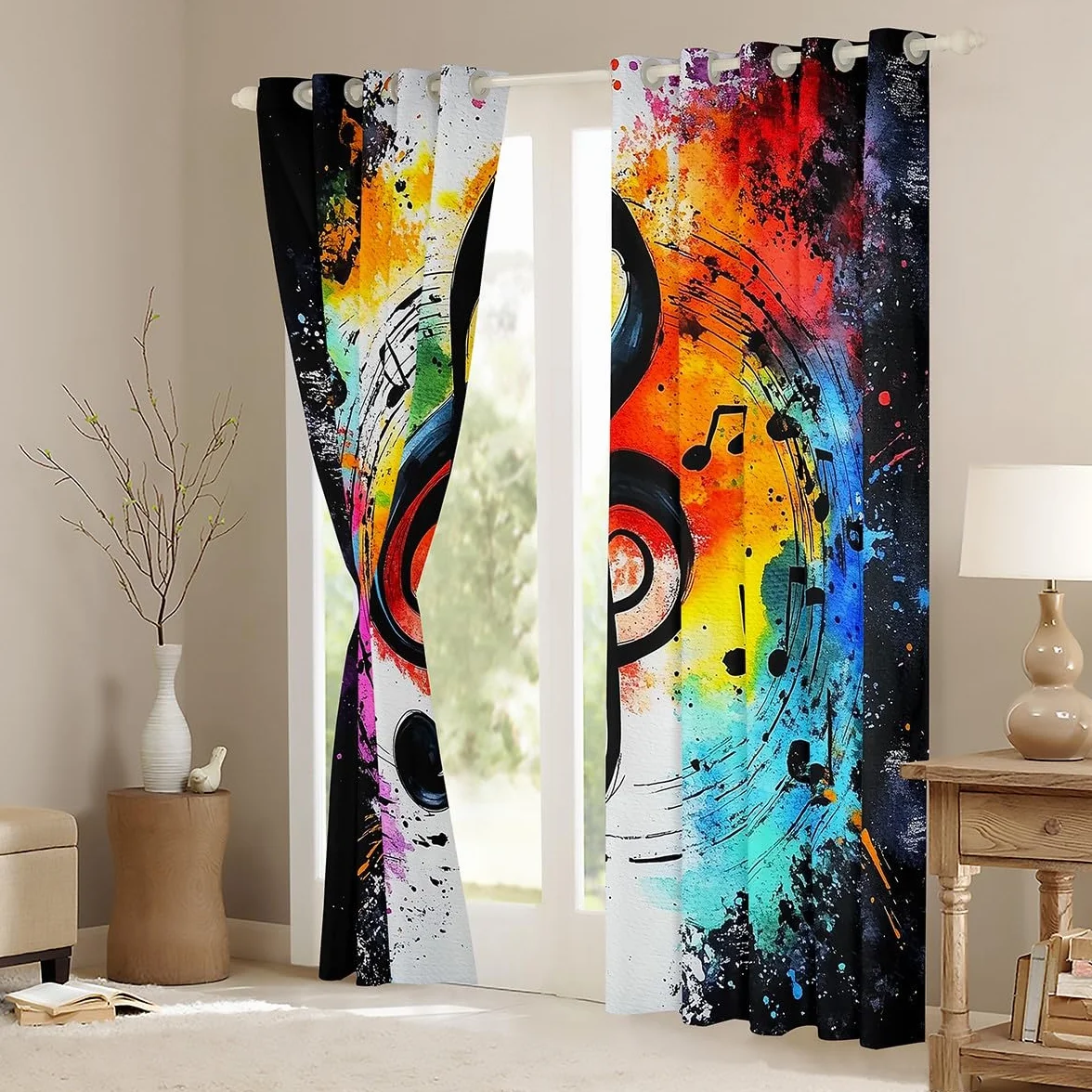 Cortinas de ventana para niños, diseño de graffiti teñido anudado, moderno, para niños y niñas, tema de música hip pop, rock, negro, blanco, tratamiento de ventana, juego de 2 paneles con