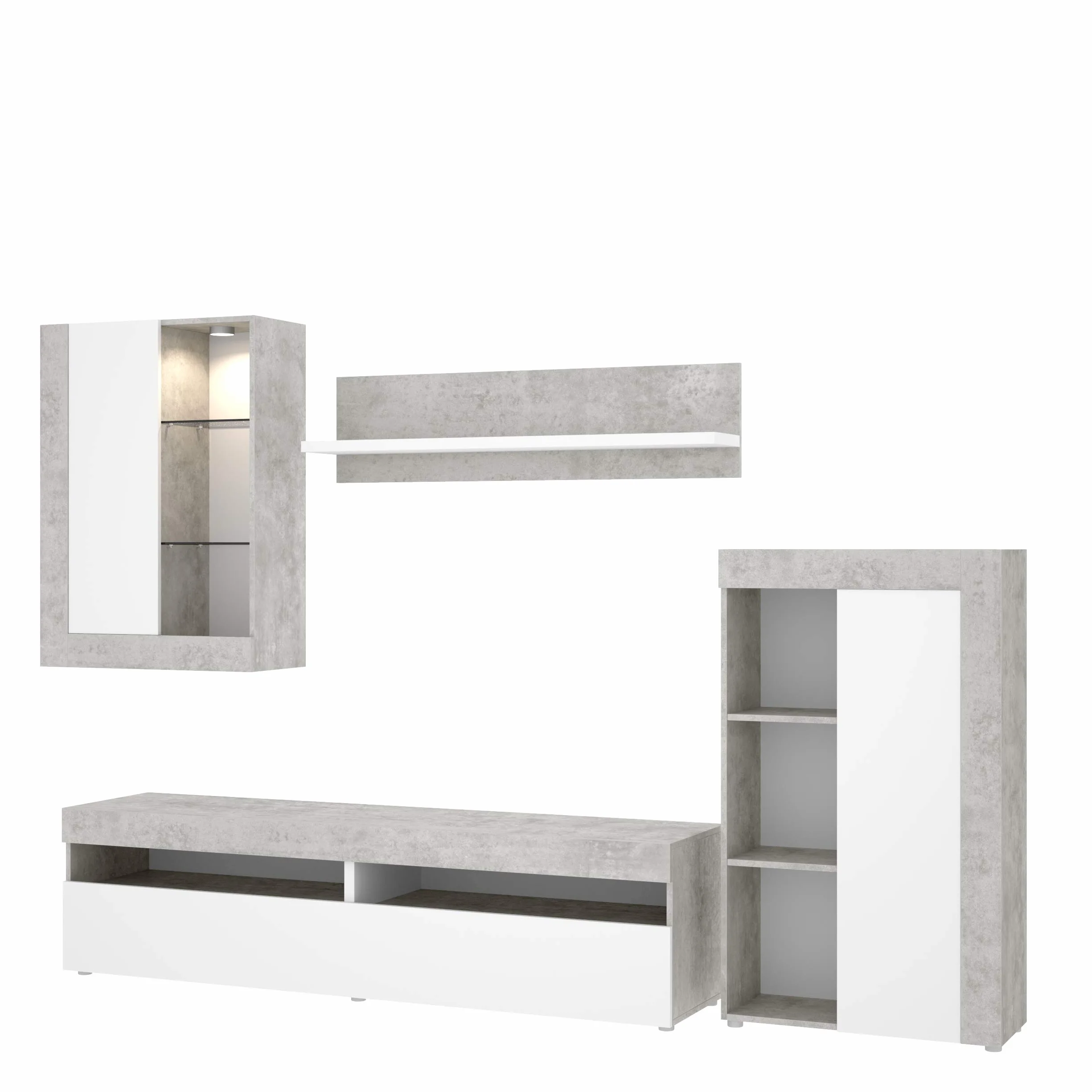 Mobelcenter - Mueble de Salón Tokio - Módulo TV, Módulo con estantes, Módulo Superior y Estante - Acabado en Color Cemento y Blanco - Medidas: Ancho: 254 cm x Alto: 112 cm x Fondo: 42 cm - (1200)
