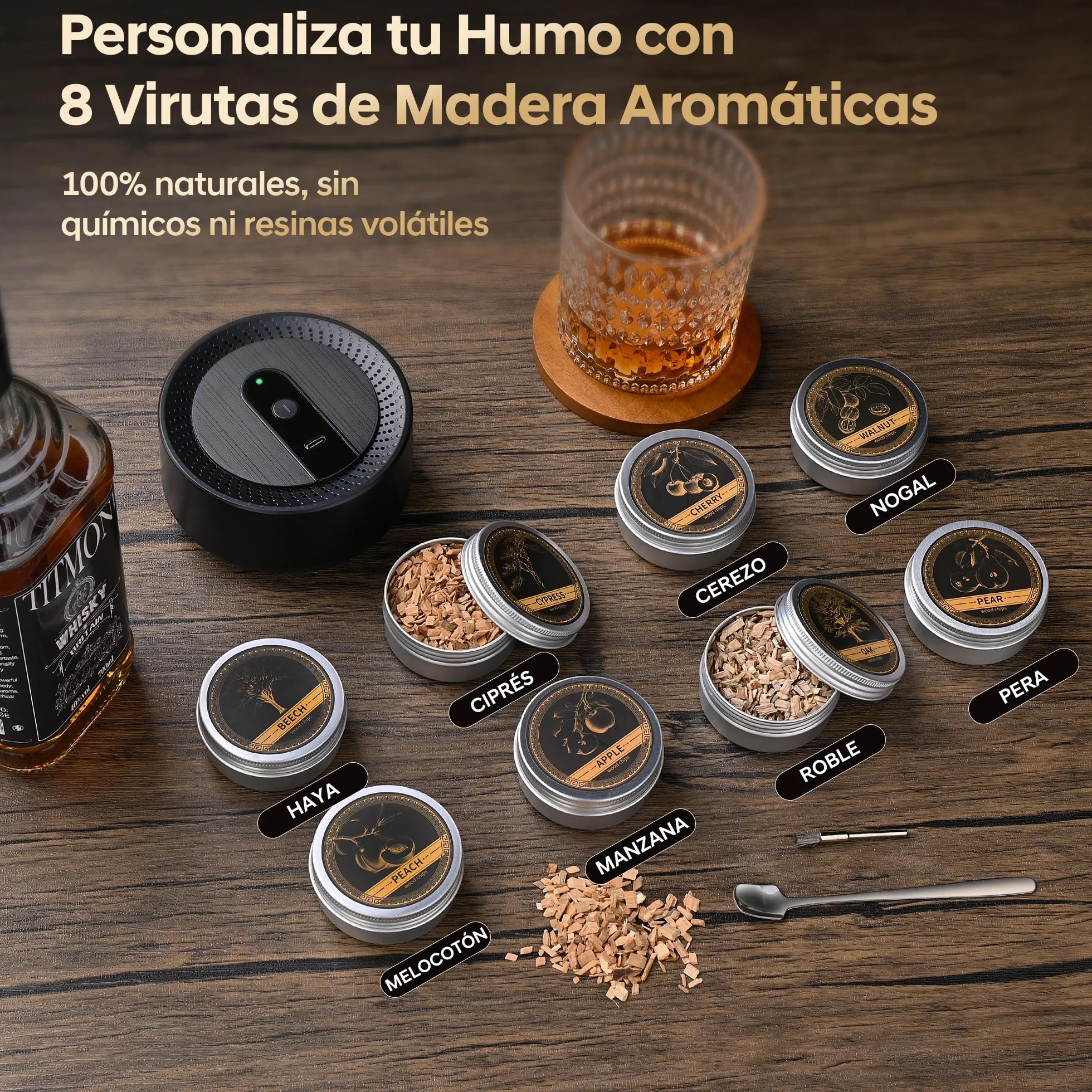 Kit Ahumador Eléctrico Para Cócteles, Ahumador Whisky Old Fashioned Con 8 Sabores de Virutas de Madera, Recargable USB-C Para Bebidas, Bourbon, Cócteles, Vino, Café Y Alimento, Regalo hombres