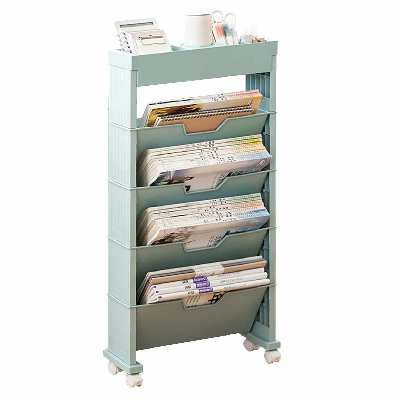 Carritos de libros de 5 niveles, estantería móvil organizador de archivos con ruedas, carrito organizador, carrito de guardería, carrito de almacenamiento, carritos de utilidad rodantes, carritos para