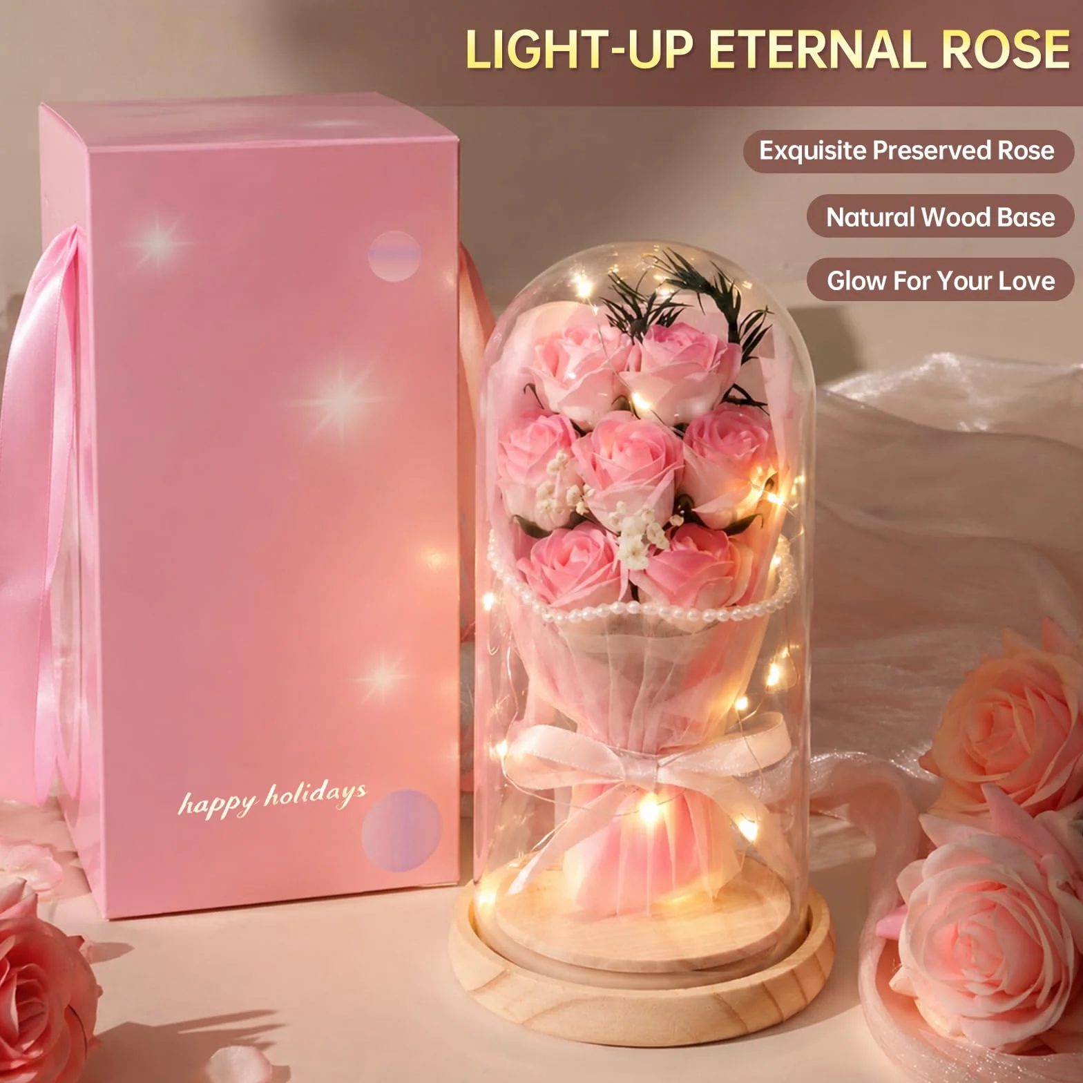 Regalos para mujeres, mamá, su amiga, hermana, esposa, rosa eterna iluminada y vela, cesta de regalo relajante para el cuidado personal, regalo de spa, regalos de cumpleaños y Navidad