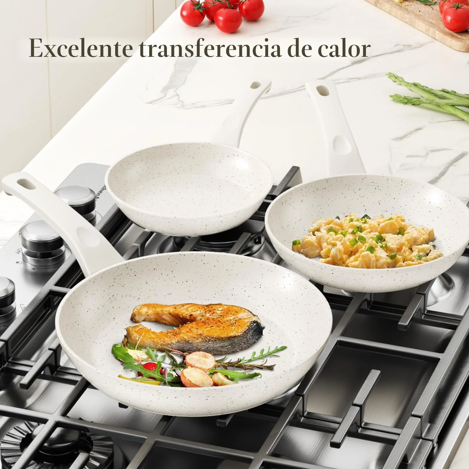 Innerwell Juego de 3 sartenes antiadherentes 20 + 24 + 28 cm, sartén de inducción con revestimiento antiadherente cerámico, sin PFOA, apto para horno y lavavajillas, Blanco