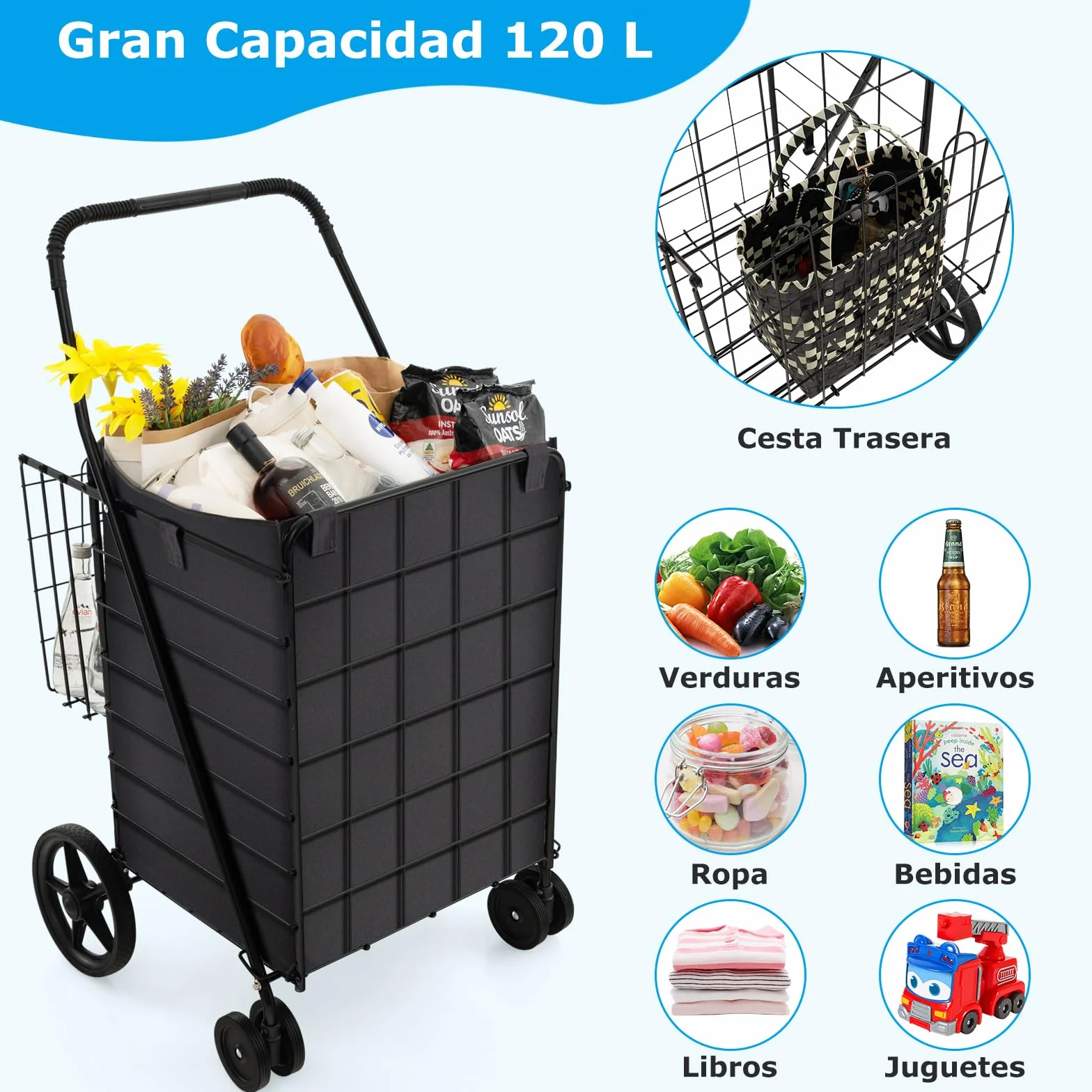 COSTWAYCarro Plegable con 2 Cestas, Compra 4 Cuedas, Forro Oxford Impermeable, 120 L, Metal, Asa Antideslizante, Soporta hasta 40 kg para Supermercado
