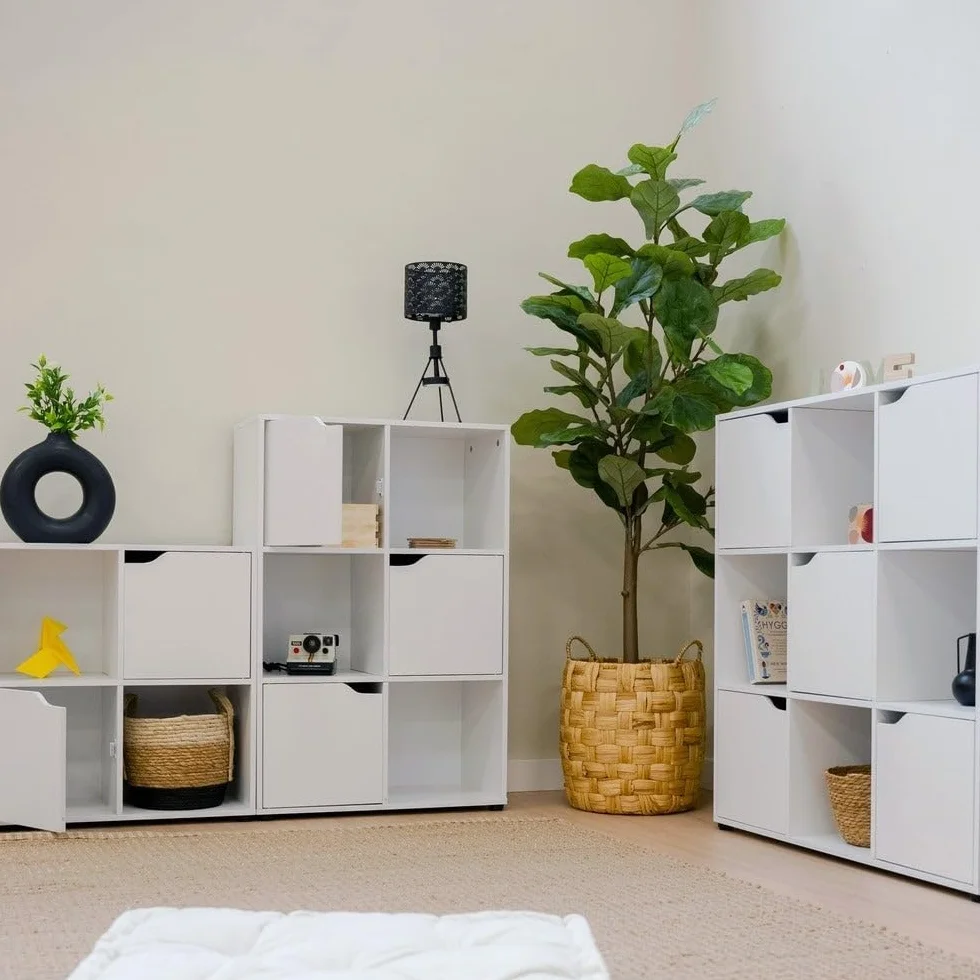 Estantería Cubo con 9 estantes y 5 puertas color blanco de 90x90x29 cm | Mueble de almacenaje compacto de tablero laminado de 12mm con puertas y huecos abiertos para dormitorio, salón o despacho