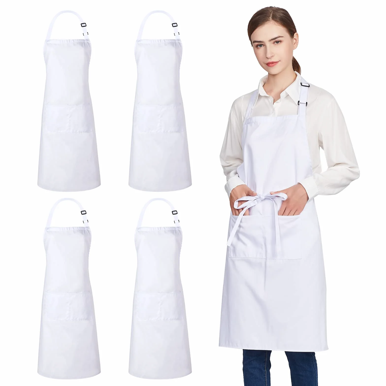 Jubatus 4 delantales de algodón 100% con 2 bolsillos para cocinar, cocina, ajustable, para mujeres y hombres, color blanco