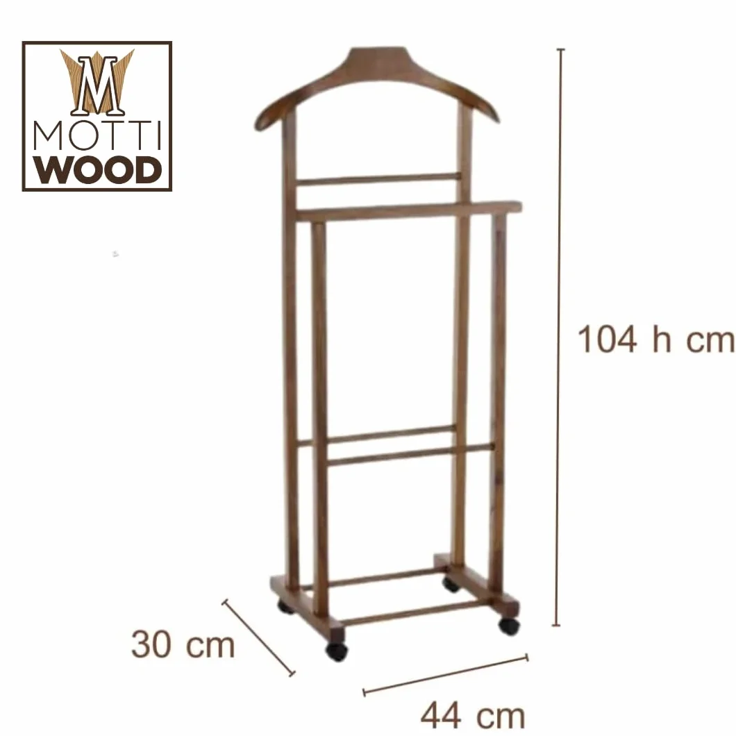 Juego de 2 percheros para dormitorio, color nogal, madera de haya natural, servo mudo doble con 4 ruedas, fabricado en Italia (2 unidades)