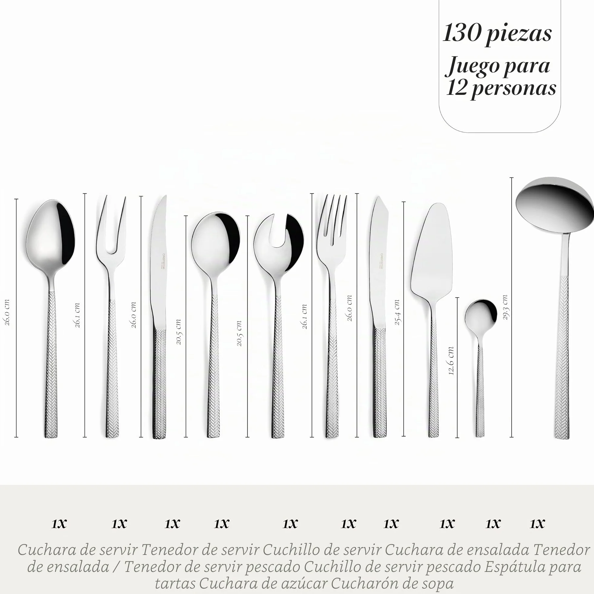 Cristema Dakar Acabado Brillante, juego de 130 piezas (12 personas) en acero inoxidable 18/10, aptas para lavavajillas y producidas en Portugal
