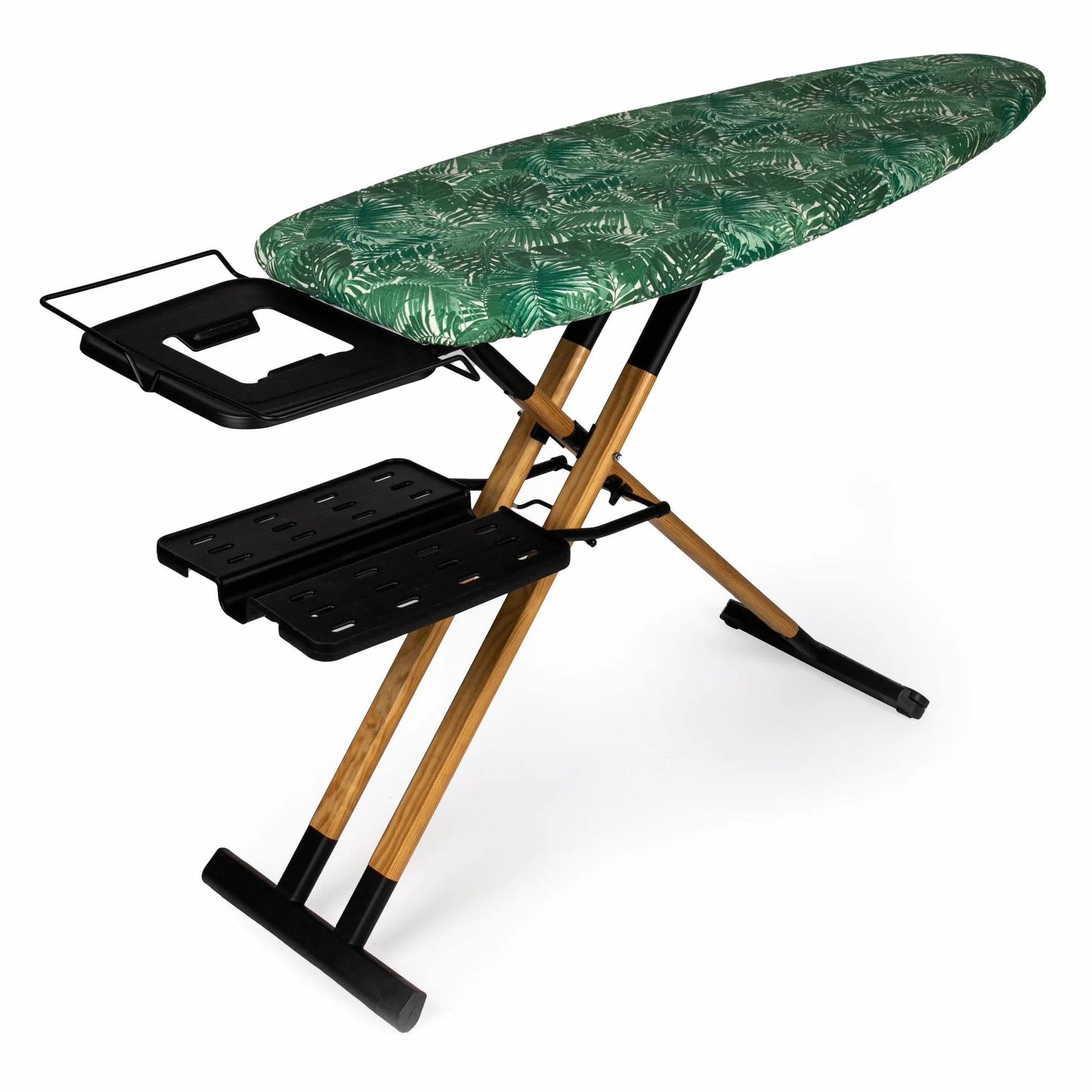 Tabla de Planchar GoldWoodVIP- 130x47 cm XXL, Madera Natural y Aluminio, Altura Regulable 98 cm, Estable, Ligera y Resistente, Ruedas, Soporte centro planchado + Bandeja para ropa, Fabricada en Europa