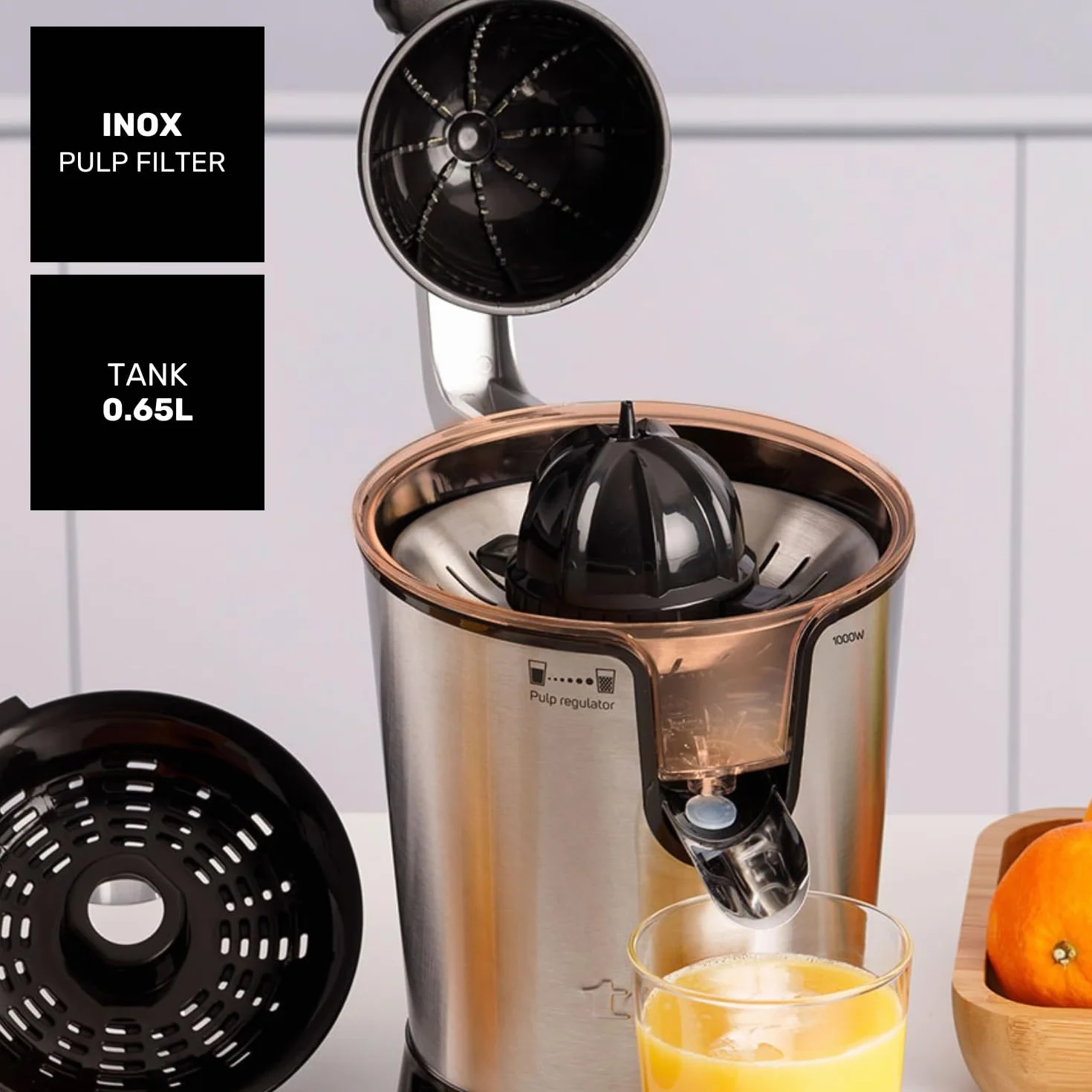 Taurus – Exprimidor Eléctrico de Brazo Easy Press 1000 Legend, 1000W, Vertido Continuo Antigoteo, Cono Todos los Cítricos, Filtro Pulpa Ajustable, Depósito 650ml, Sin BPA, Antideslizante, Lavavajillas