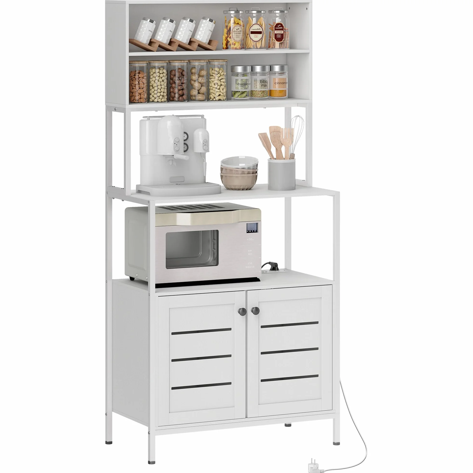 HOMCOM Estantería de Cocina con Toma de Corriente Soporte para Microondas Estante de Cocina con 2 Puertas con Lamas 2 Puertos USB Marco de Acero y Compartimentos para Comedor Salón Blanco