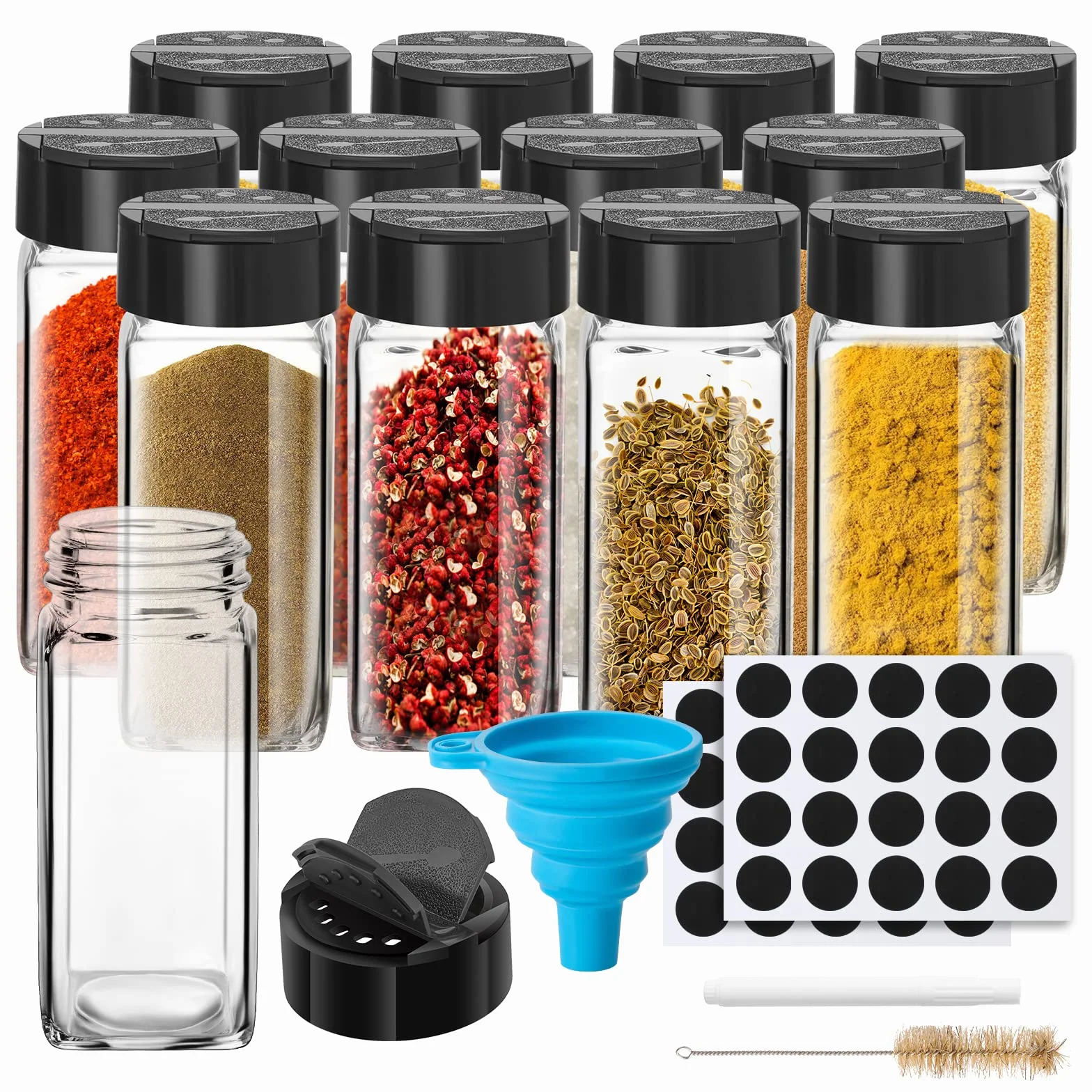 12 tarros de cristal para especias de 4 onzas con etiquetas, frascos cuadrados para especias con tapa negra, embudo de silicona y rotulador incluidos