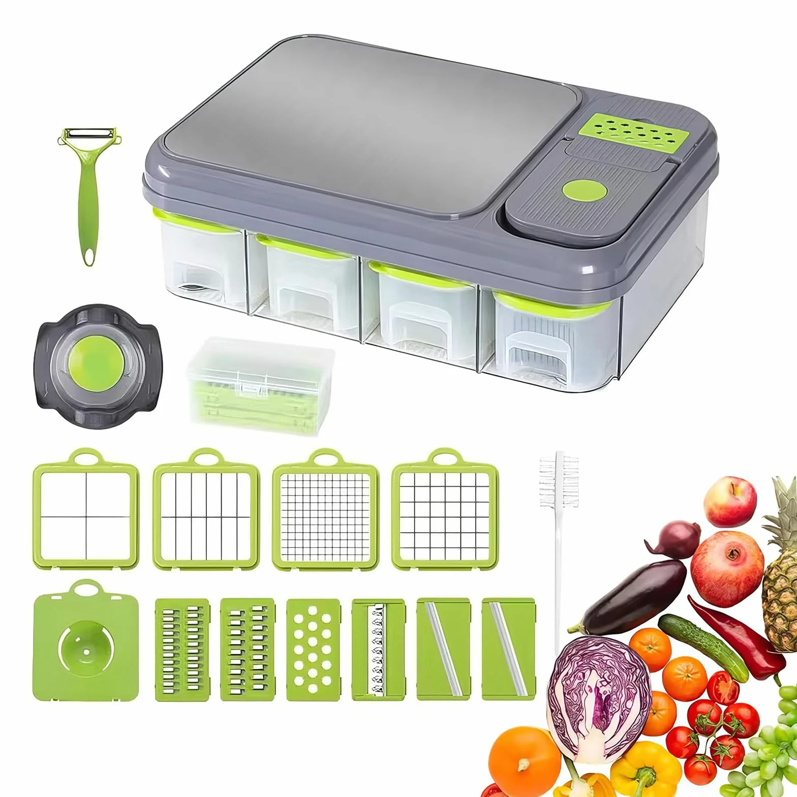 Picador de verduras, picador de alimentos, ensalada, cebolla, 28 piezas, mandolina, rebanador de verduras, cortador de pepino, 4 recipientes con cesta de drenaje, tabla de cortar, cortador de ensalada