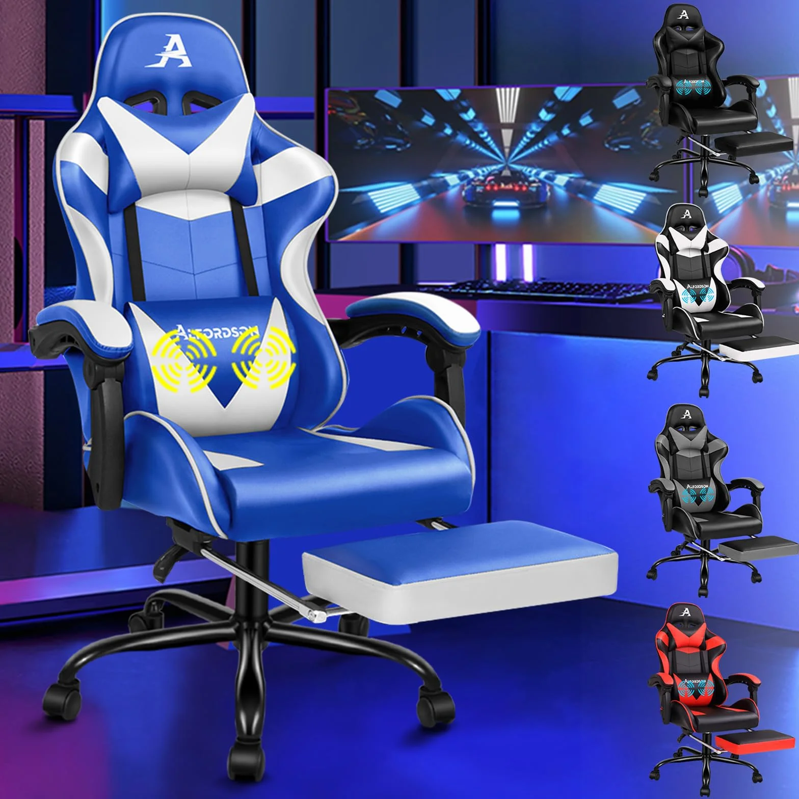 ALFORDSON Silla para Videojuegos, Silla de Escritorio de Oficina ergonómica, Silla de Carreras con Masaje, reposapiés retráctil, Capacidad de 180kg, Cuero de PU, Azul y Blanco