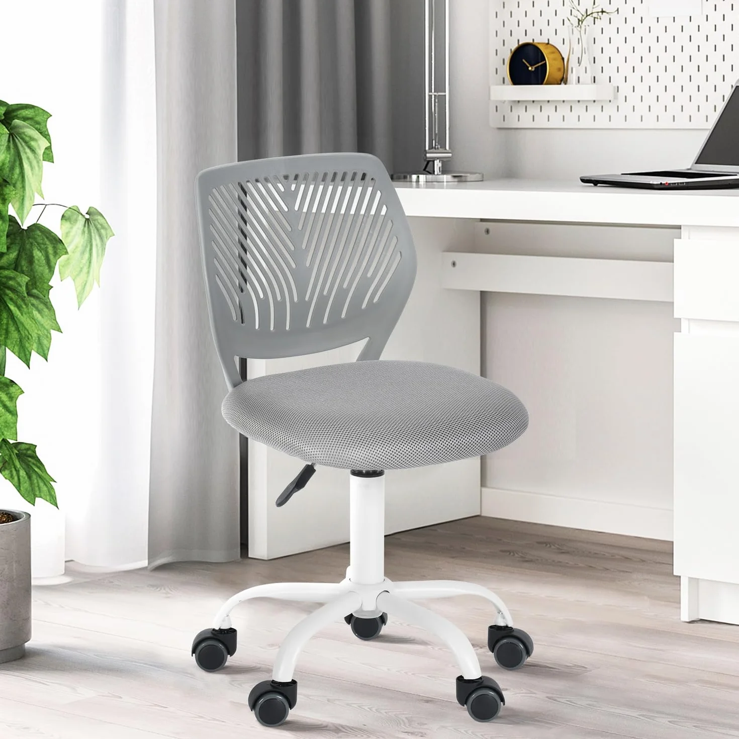 FurnitureR Silla de Oficina para el hogar, Asiento de Ordenador Moderno y Ajustable, Silla de Oficina sin reposabrazos Giratorio, Silla de Oficina para jóvenes, Sala de Estudio, Gris