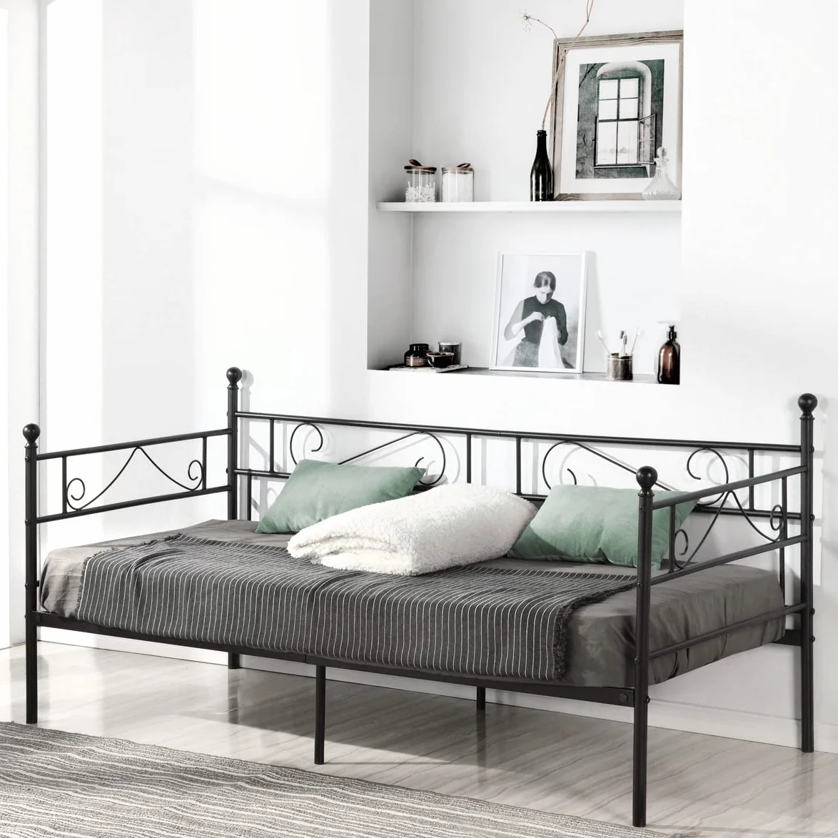 Marcos Diván Cama Individual de Metal, Estructura Sofá Cama Hierro Forjado para Adultos, Adecuado para Colchón de 90x190 cm, Negro