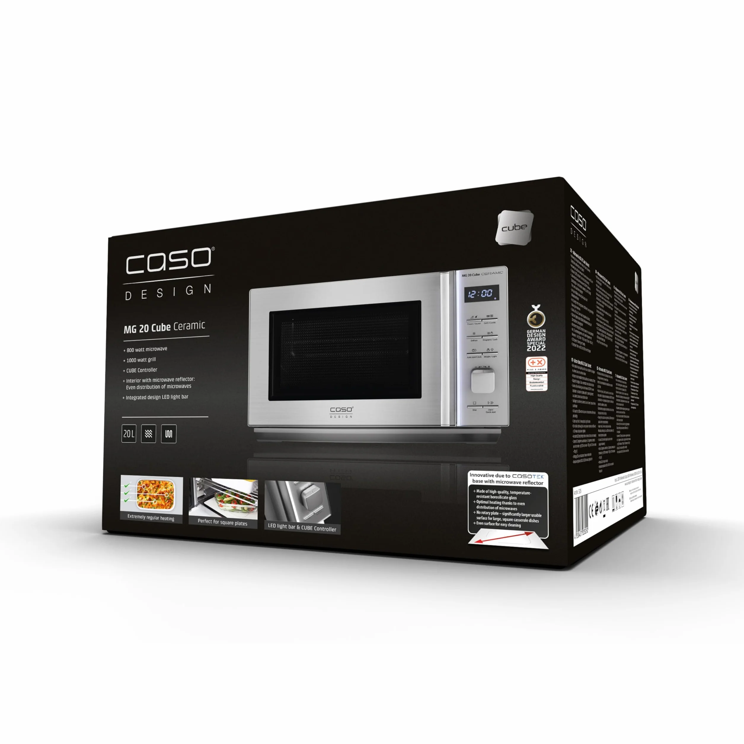 CASO MG 20 Cube Ceramic Microondas 2 en 1 1000W 20L 13 programas automáticos sin plato giratorio plateado