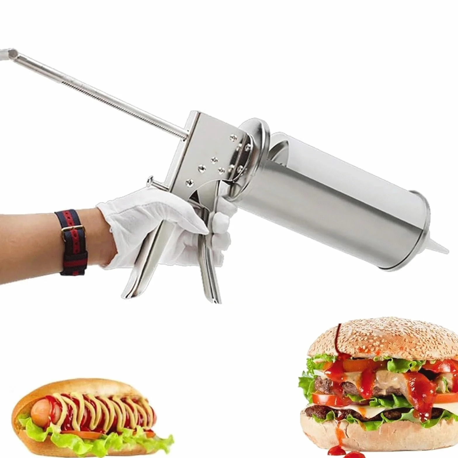 Dispensador de salsa, pistola de mano de acero inoxidable con 2 botellas, relleno de mermelada de hamburguesa de 650 ml, para ketchup, tomate, salsa de ensalada en la cocina