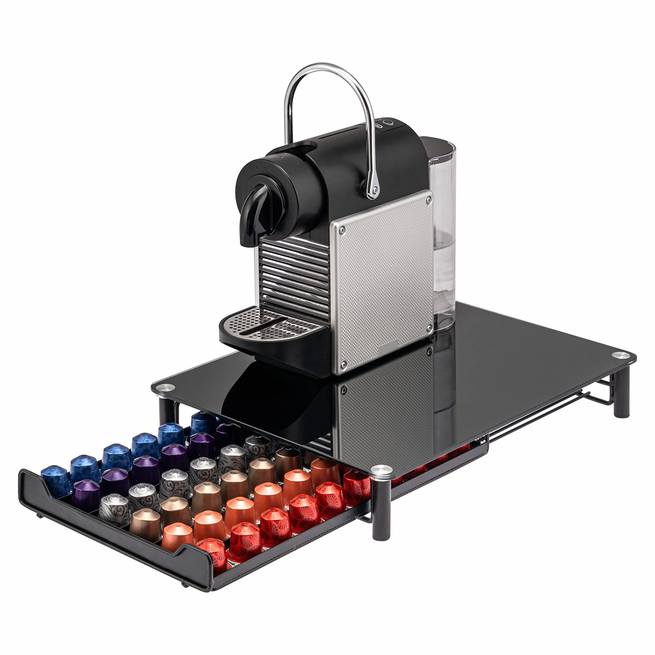 bremermann Caja para 60 cápsulas de café Nespresso, cajón, metal y placa de cristal, soporte para cápsulas, dispensador de cápsulas, aprox. 31 x 7 x 40,5 cm (negro)