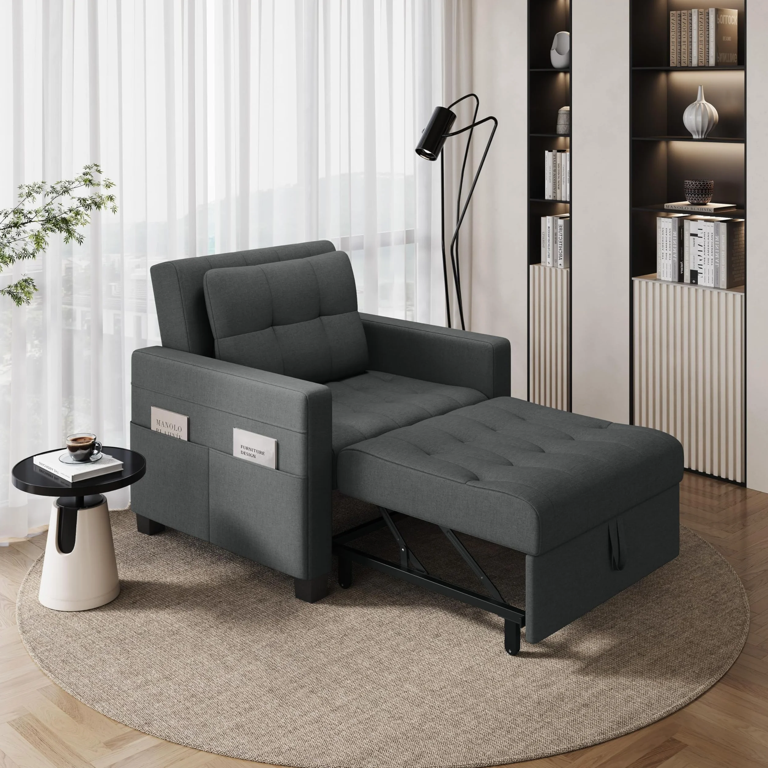 Yaheetech 3 En 1 Sofá Cama Sillón Relax Sofá Individual de 1 Plaza para Dormitorio Sala de Estar Apartamento Sofá con Respaldo Ajustable en 3 ángulo Gris Oscuro