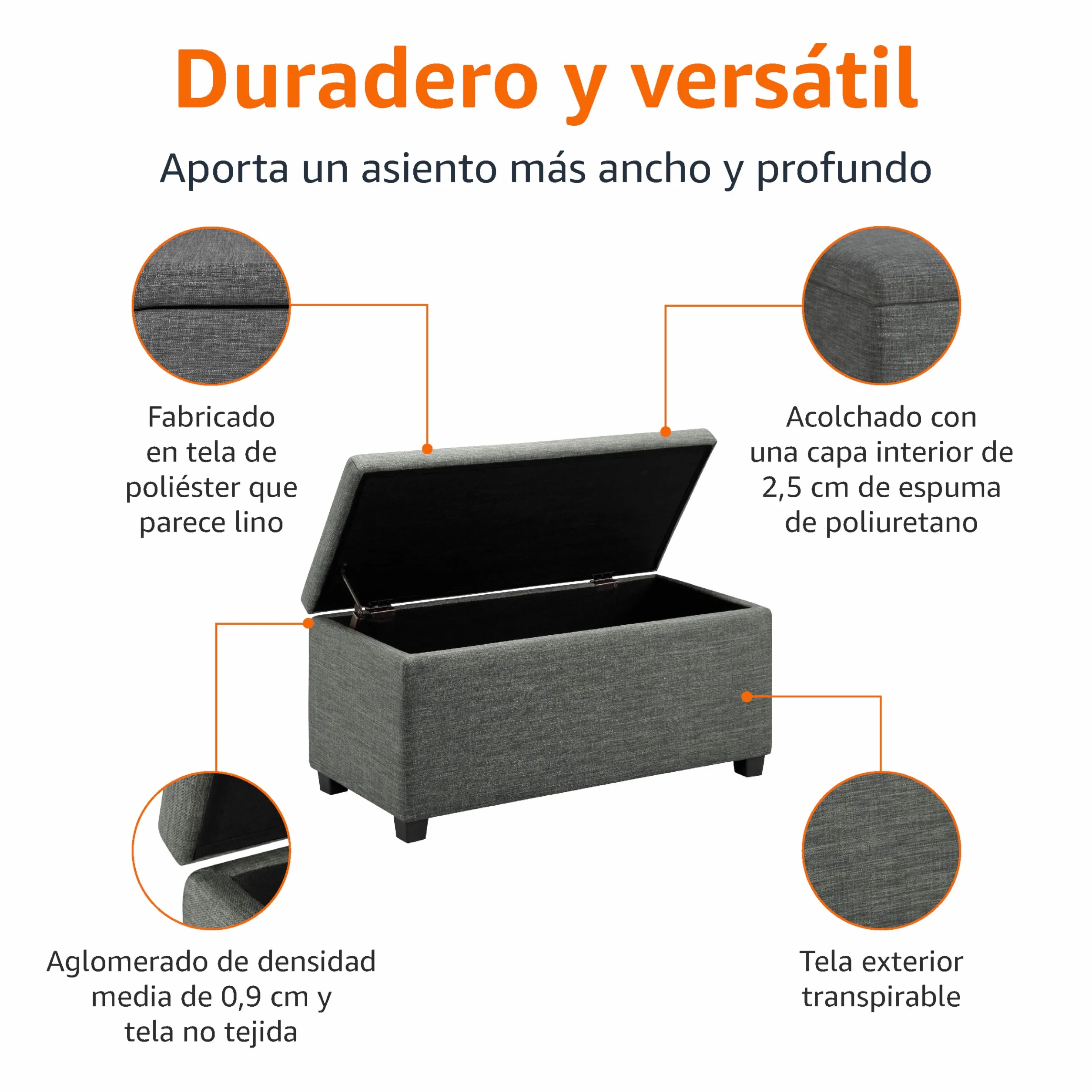 Amazon Basics Banco rectangular acolchado para entrada con almacenamiento, para dormitorio, pasillo, otomana, aspecto de lino, gris oscuro, 42 x 91 x 43 cm
