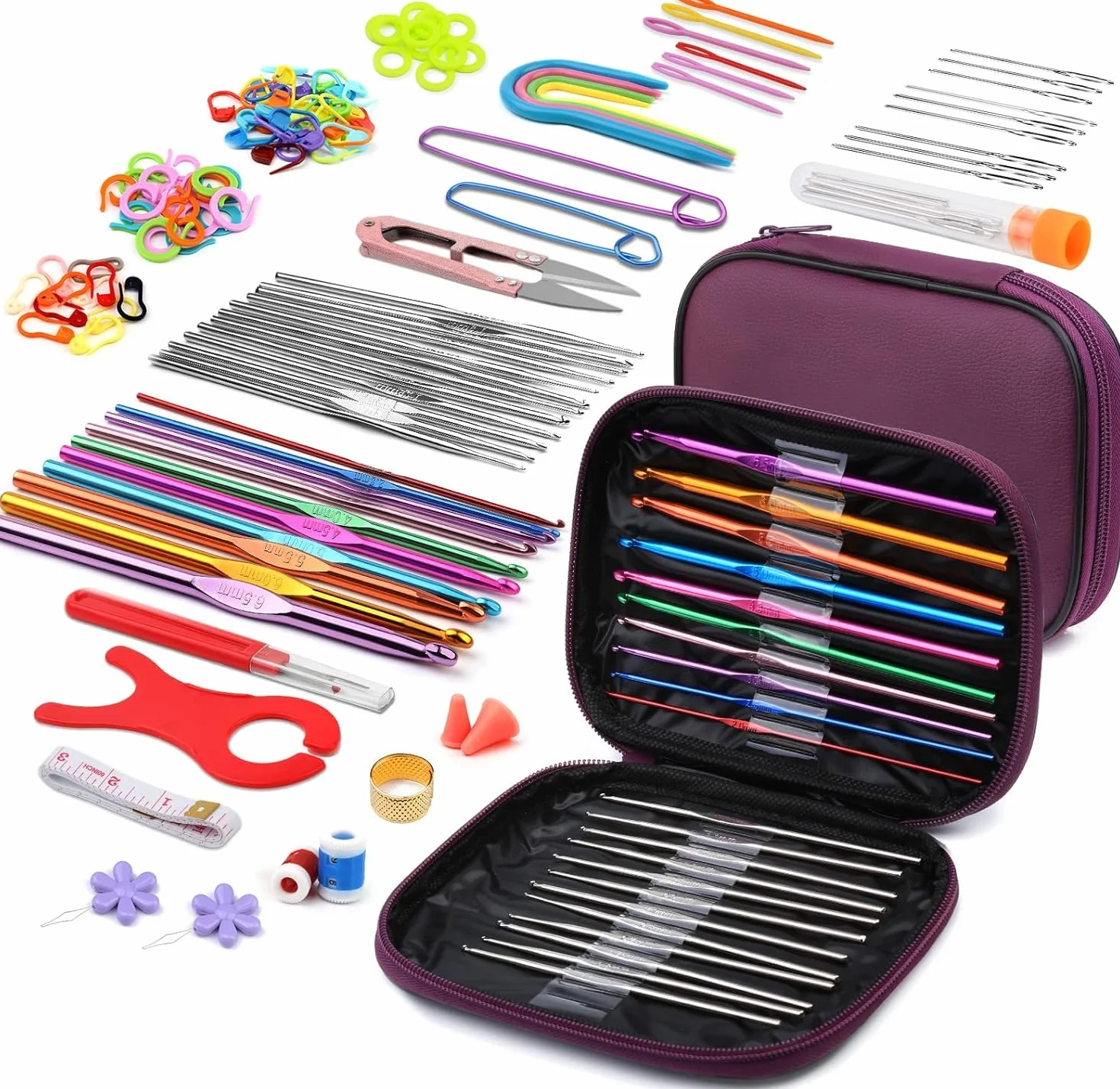 Samyuktha Juego de agujas de ganchillo y agujas de tejer, juego completo de agujas de ganchillo y kit de tejer con ganchos de ganchillo, agujas de ganchillo, herramientas de tejer, aguja Crosia y