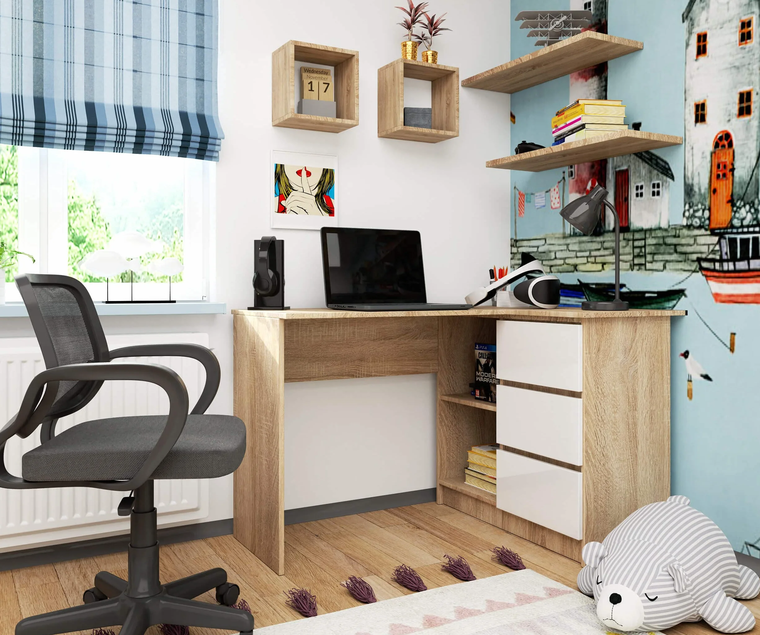 Escritorio esquinero AKORD B16 Roble Sonoma 124 cm con lado derecho 3 cajones frente en color Blanco 2 estantes 124x85x77 cm
