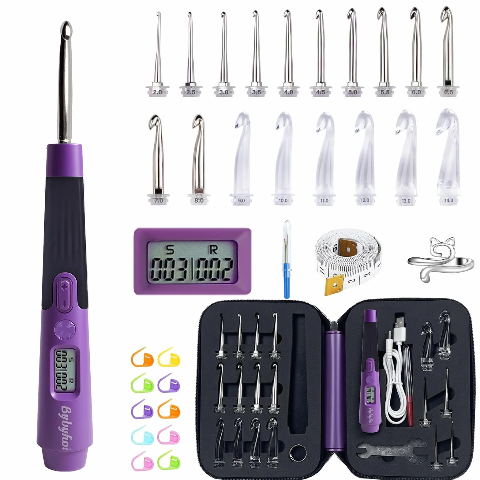 Juego de agujas de ganchillo con luz y contador – Kit de ganchos intercambiables de 18 tamaños de 2 mm a 14 mm – Iluminación, puntada digital y contador de filas – 2 niveles LED para regalos de