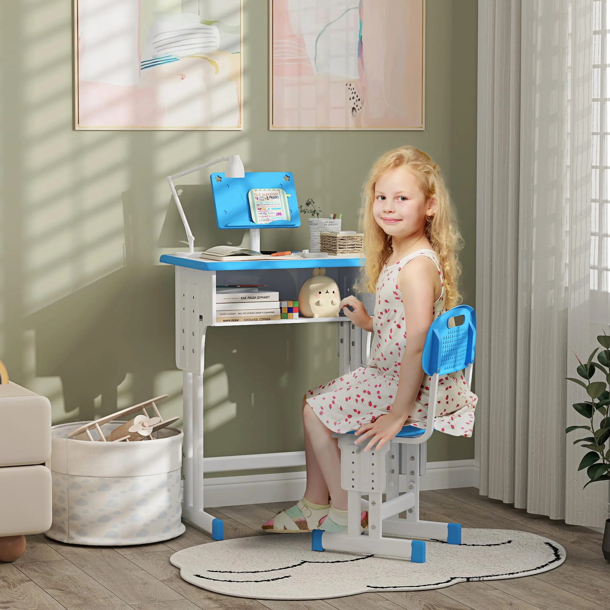 HOMCOM Escritorio Infantil Altura Ajustable 60x45x90-102 cm Azul con Cajón y Estante