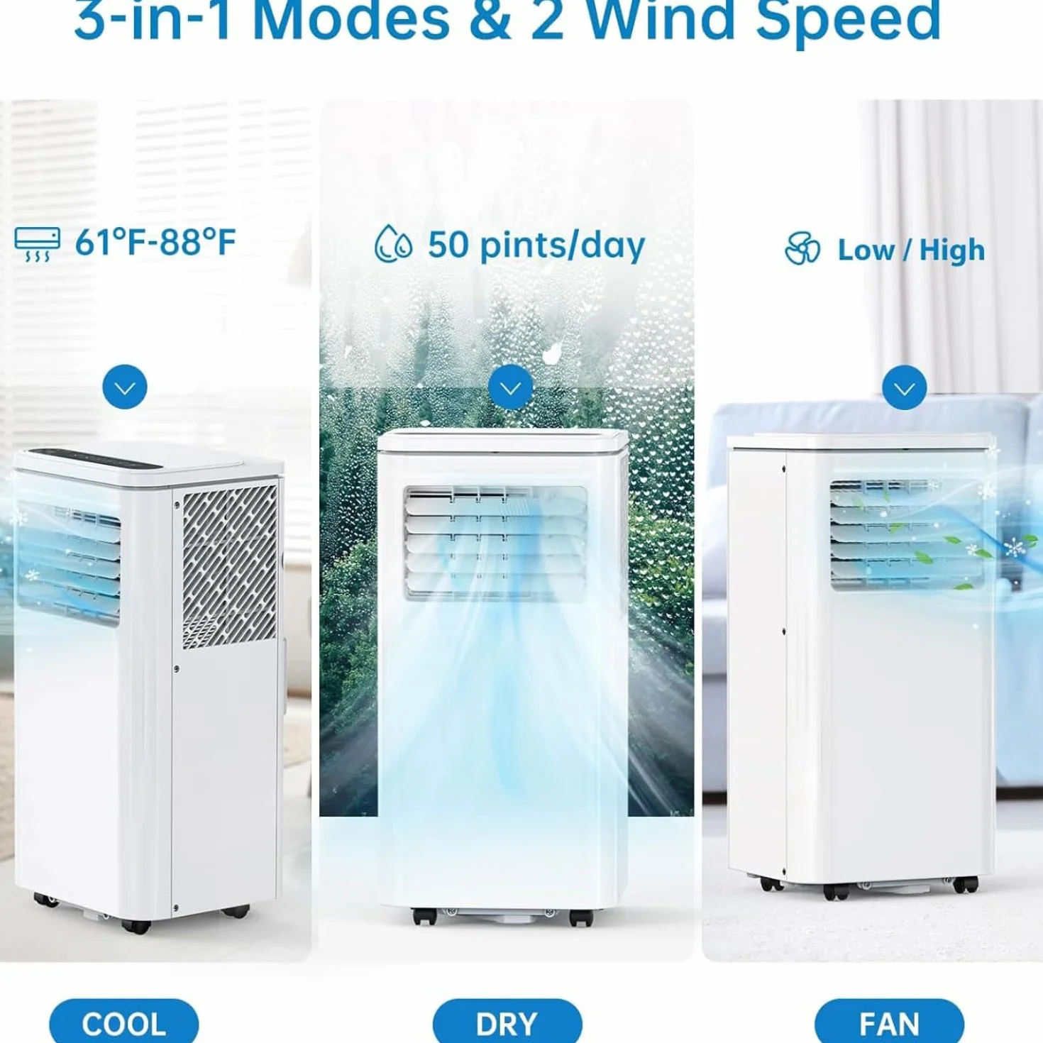 7000BTU - Aire acondicionado portátil con control remoto, temporizador de 24 horas, kit de ventana, 2 velocidades, 3 modos de ventilador de refrigeración para habitación y oficina