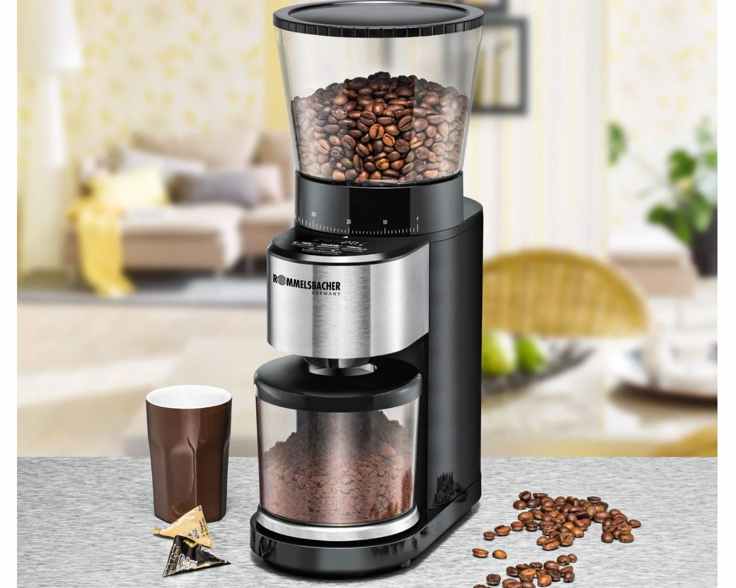 ROMMELSBACHER Molinillo de café EKM 500, mecanismo cónico, báscula de precisión, soporte para filtro, grado de molienda en 39 niveles, 5 teclas de función para uso individual y flexible