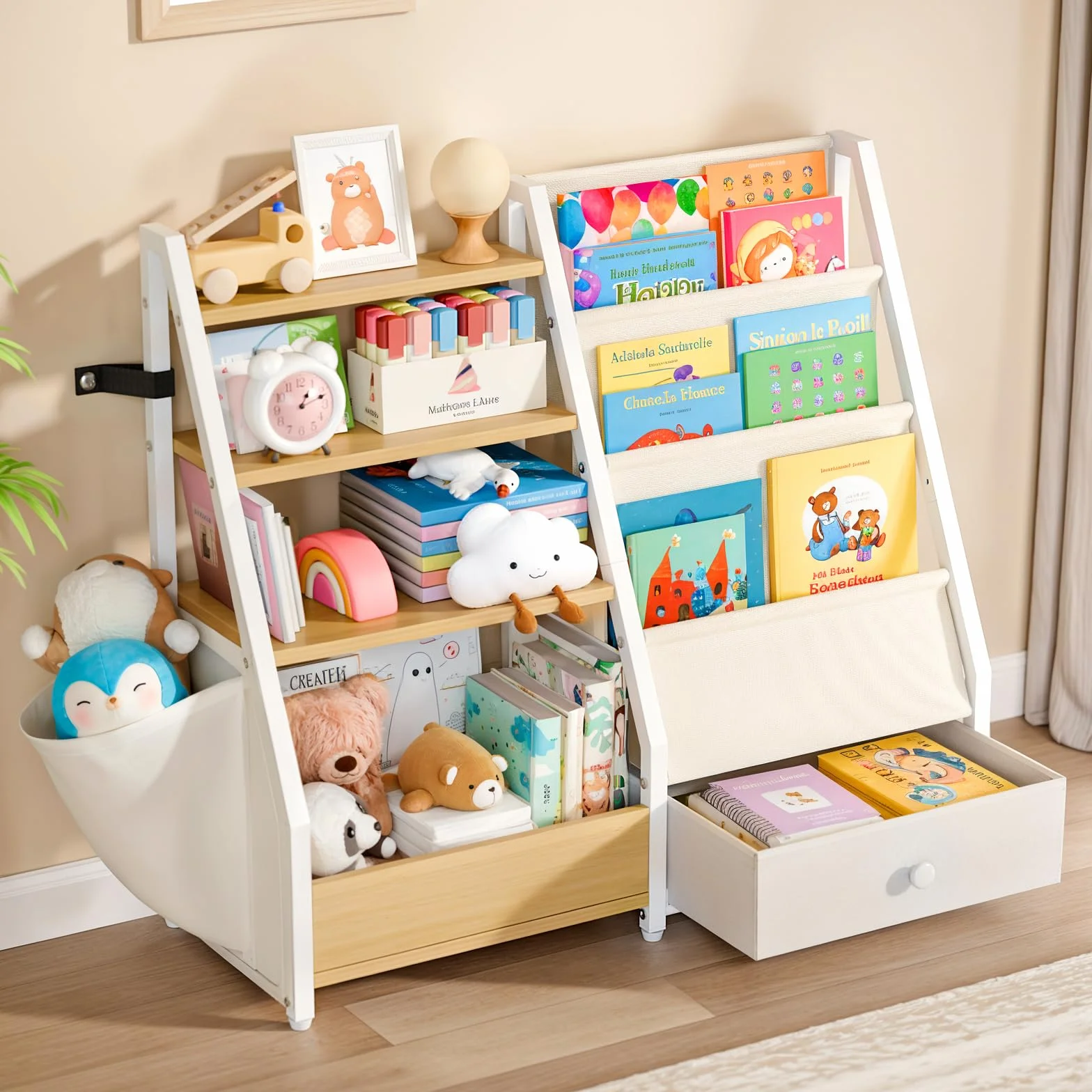 Estantería para niños y almacenamiento de juguetes HAVLOTII - Estante de libros para habitaciones infantiles, estantería para bebés para guardería, organizador de juguetes Montessori, color burdeos