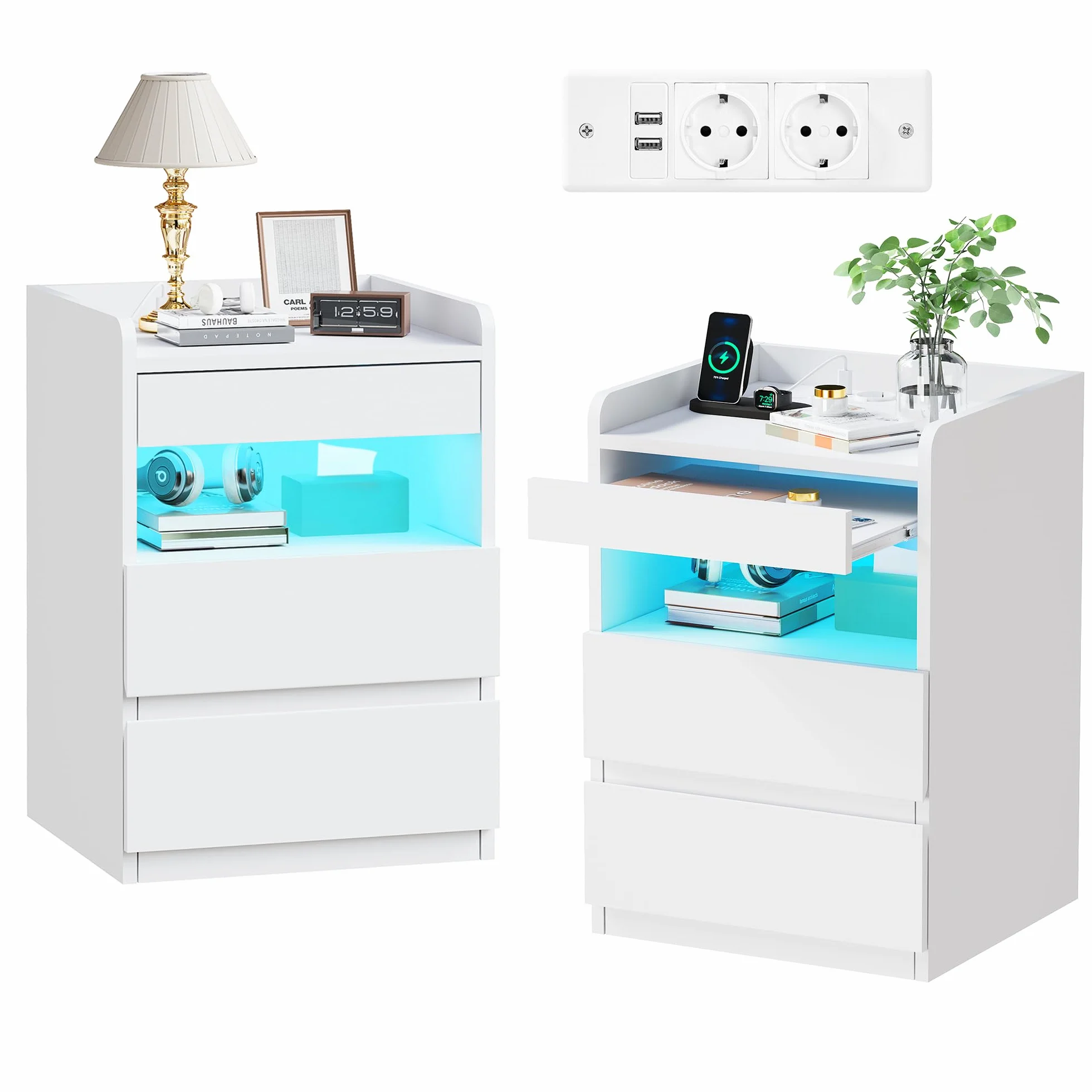 BEWISHOME Juego de 2 Mesitas de Noche,con Compartimento Oculto,con Luces LED y Estación de Carga Mesas Auxiliares(2 Tomas AC 2 Puertos USB),para Salón,Dormitorio (Blanco) EFCG02W