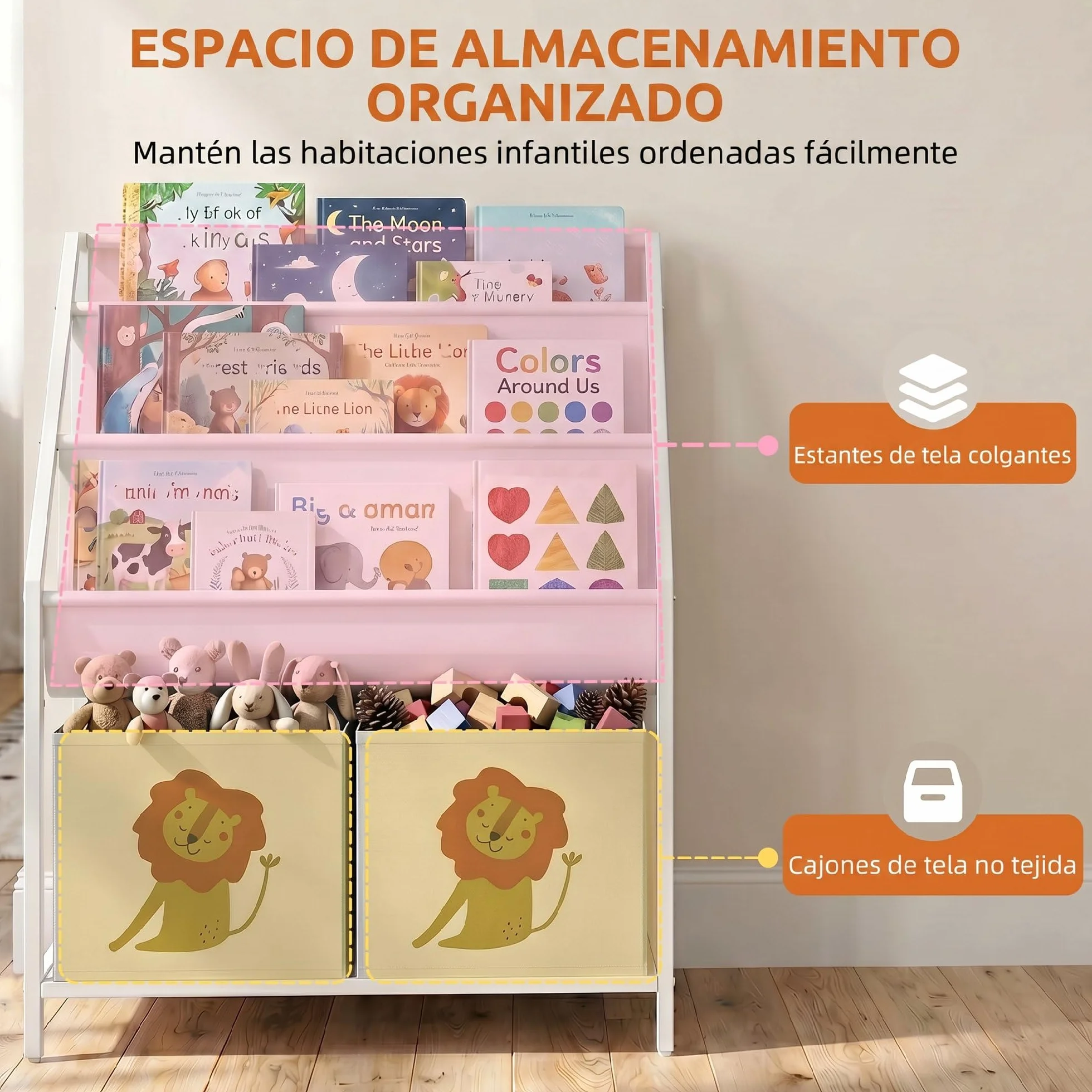 AIYAPLAY Librería Infantil de 4 Niveles Montessori Niños 76 cm Blanco | Estantería para Libros, 3 Estantes, 2 Cajones de Tela, Diseño de León, Sala de Juegos, Dormitorio, Guardería