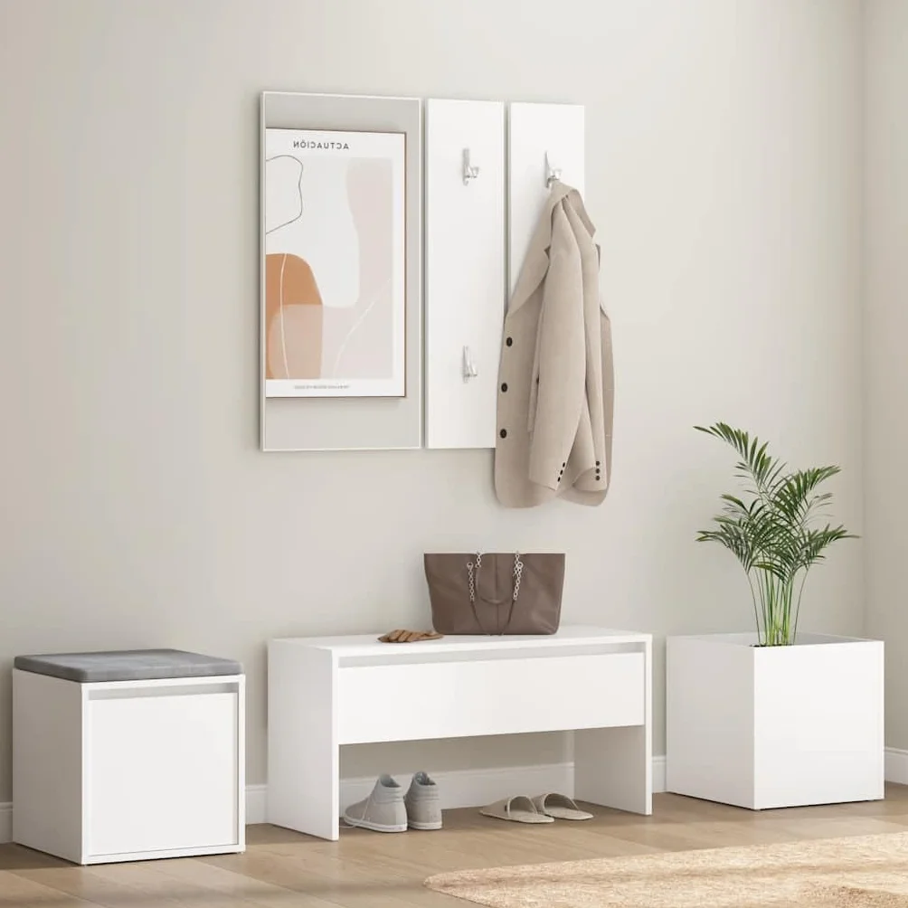 Juego de perchero de madera con espejo, color blanco | Banco de pasillo con cajón, caja de almacenamiento, jardinera, asiento hasta 110 kg