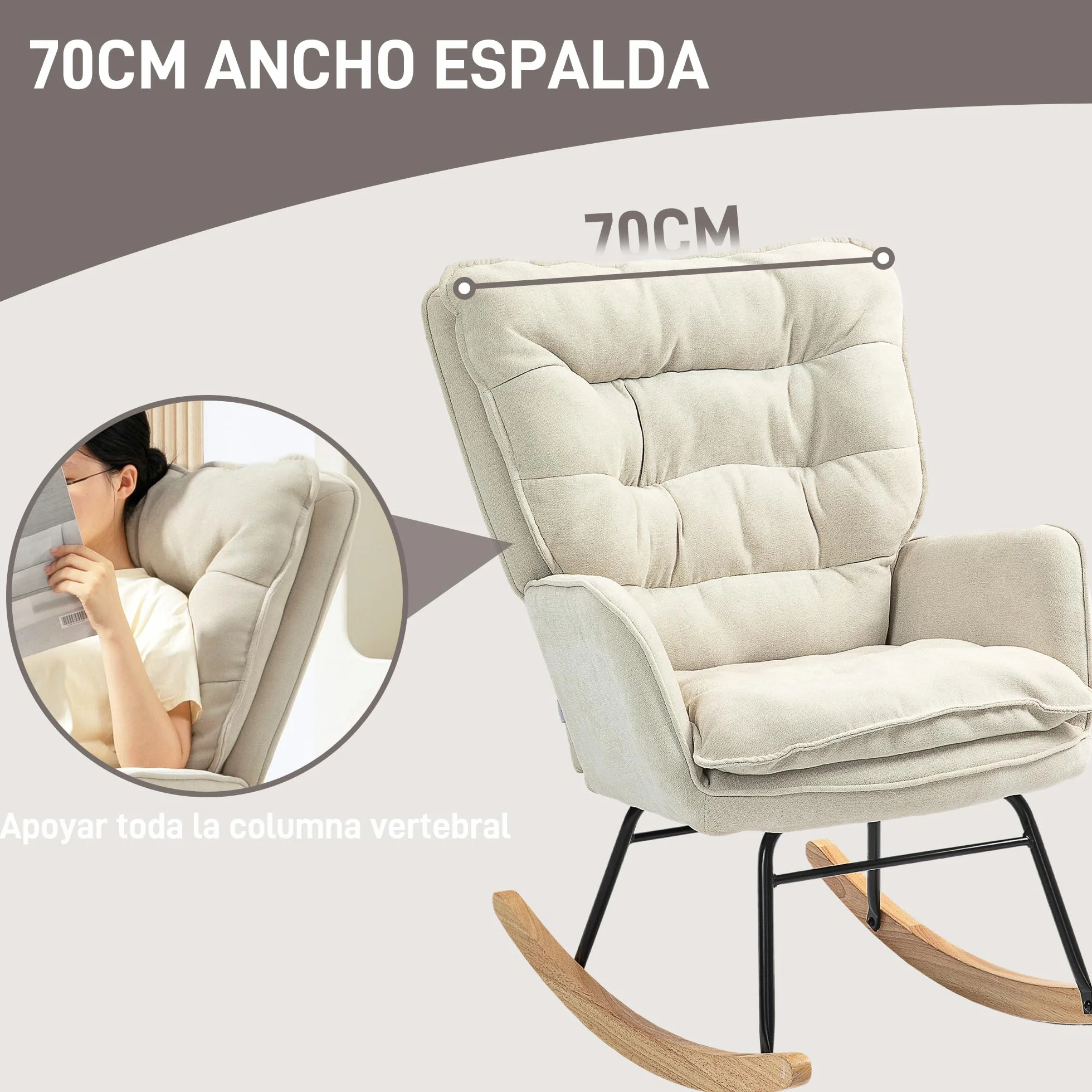 HOMCOM Mecedora Tapizada en Chenilla Silla Mecedora con Patas de Madera de Haya y Reposabrazos Mecedora para Lactancia Carga 120 kg para Dormitorio Salón Beige