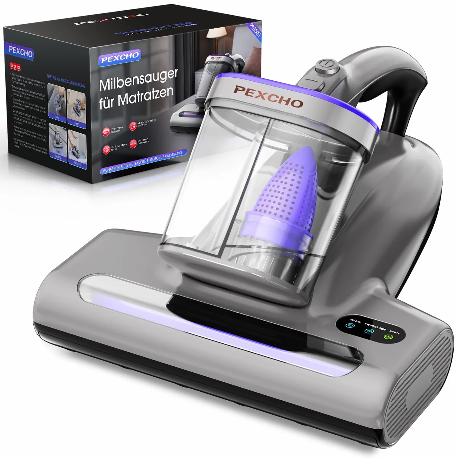 PEXCHO Aspirador de ácaros PM600 con luz UV, 500 W, para alérgicos, Elimina el 99,9% de los ácaros del Polvo, alérgenos, Pelo de Animales de colchones, alfombras y sofás