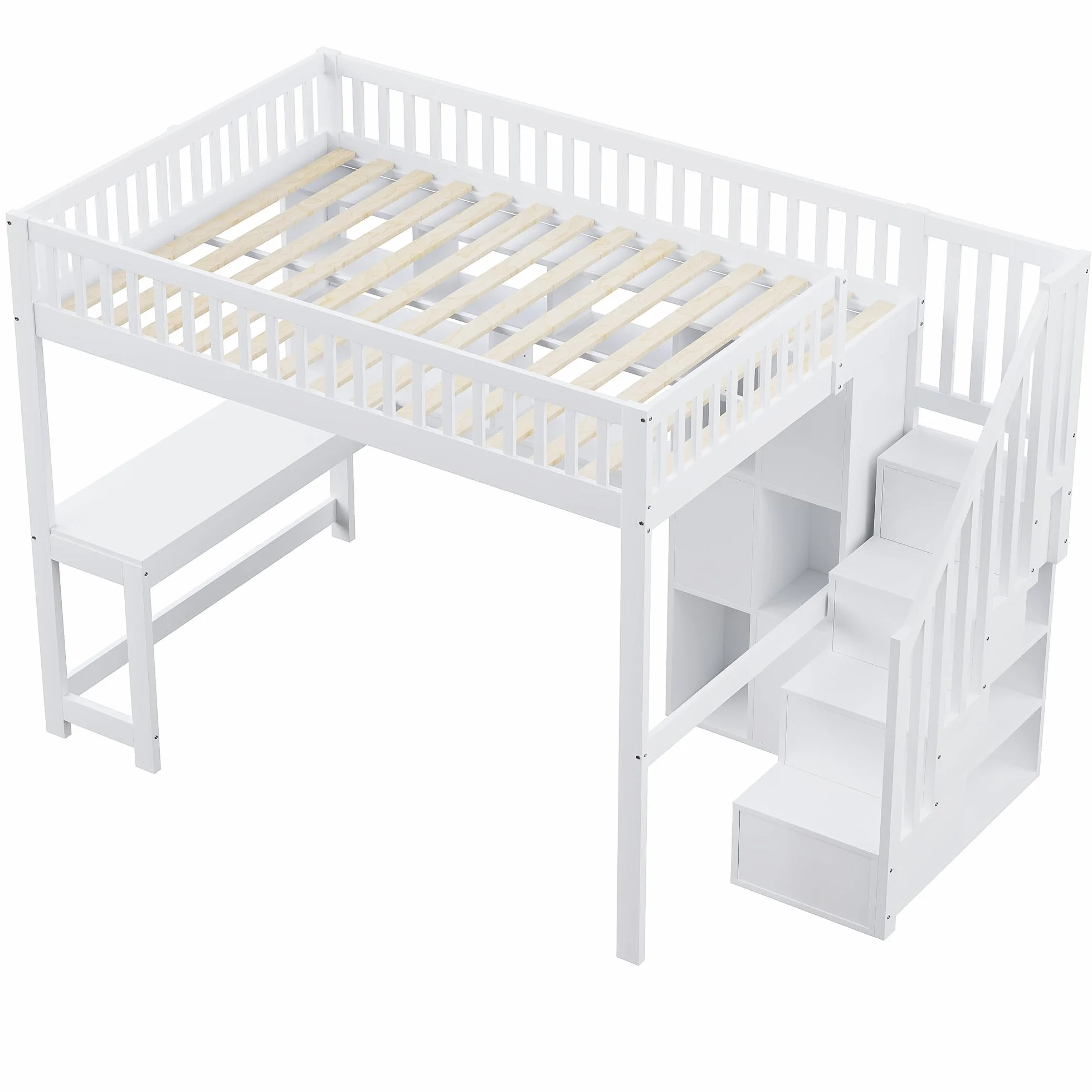 Moimhear Cama alta, 140 x 200 cm, con luces LED, escalera, estanterías, estantes, escritorio, madera de pino+MDF + Plywood, adecuado para niños y jóvenes (blanco)
