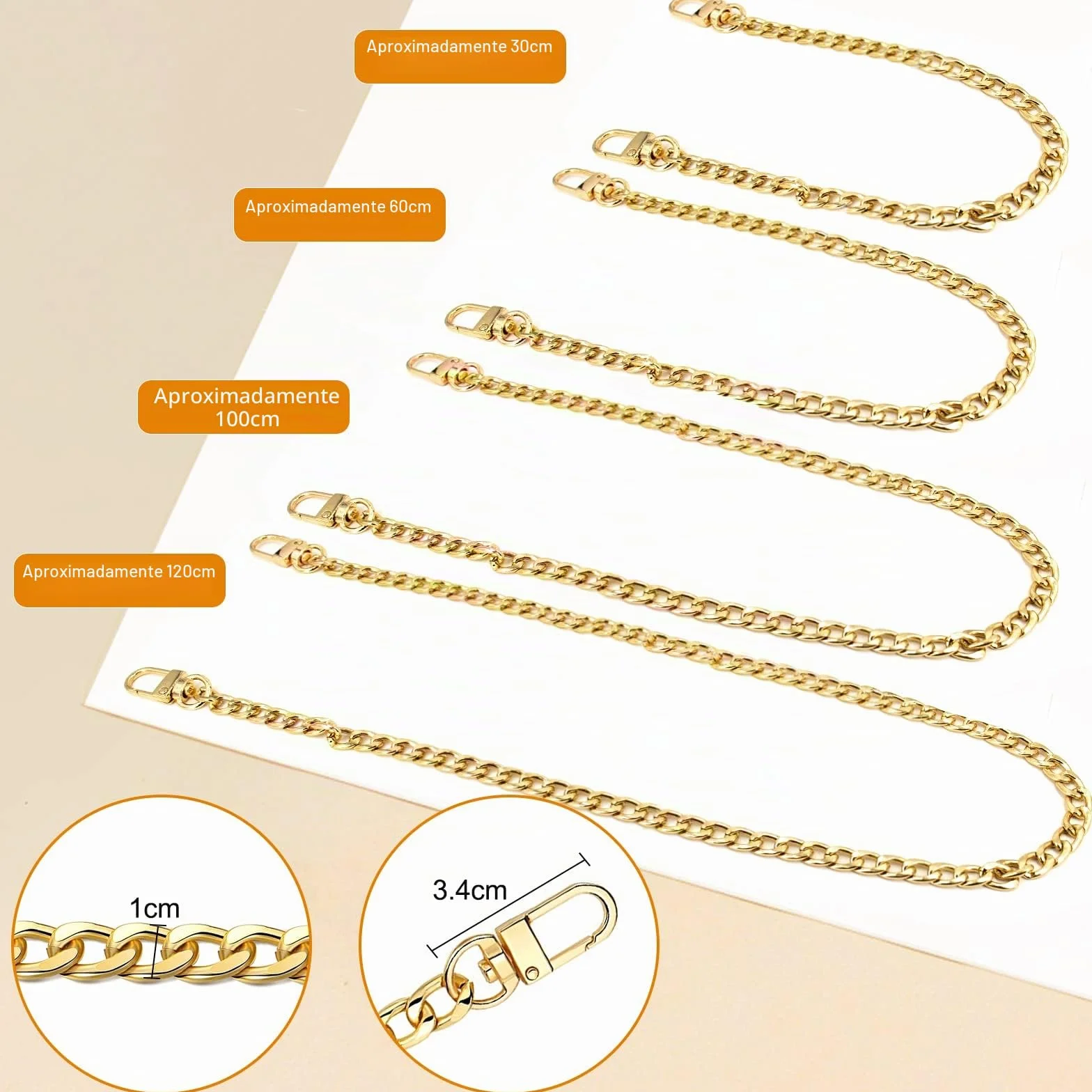 Cadena para Bolso Set 4 Piezas, Correas de Hombro Metal Oro Repuesto 40cm 60cm 100cm 120cm